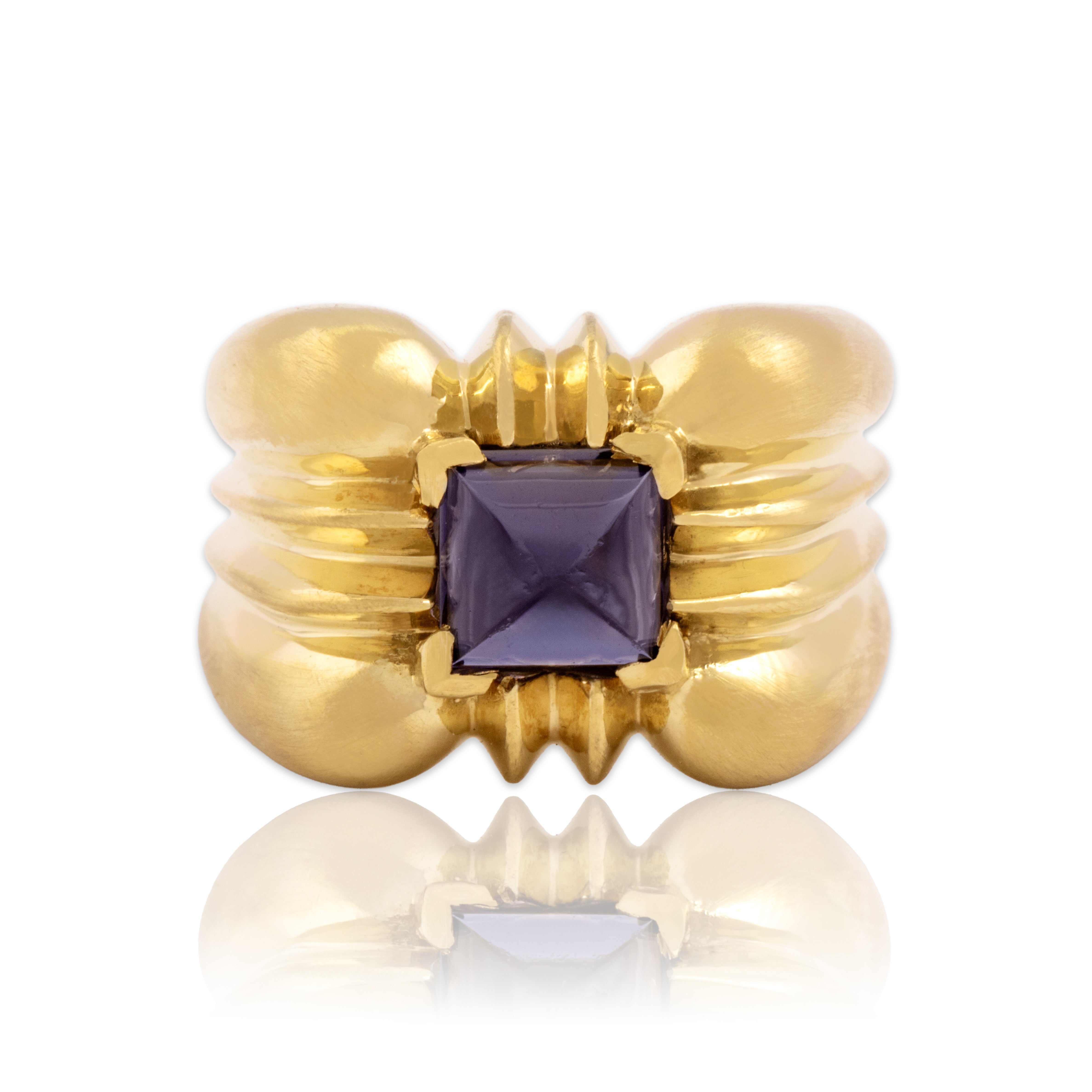 Vintage Heavy 18k Yellow Gold .97ct Iolite Dual-Texture Sugarloaf Ring 6.25