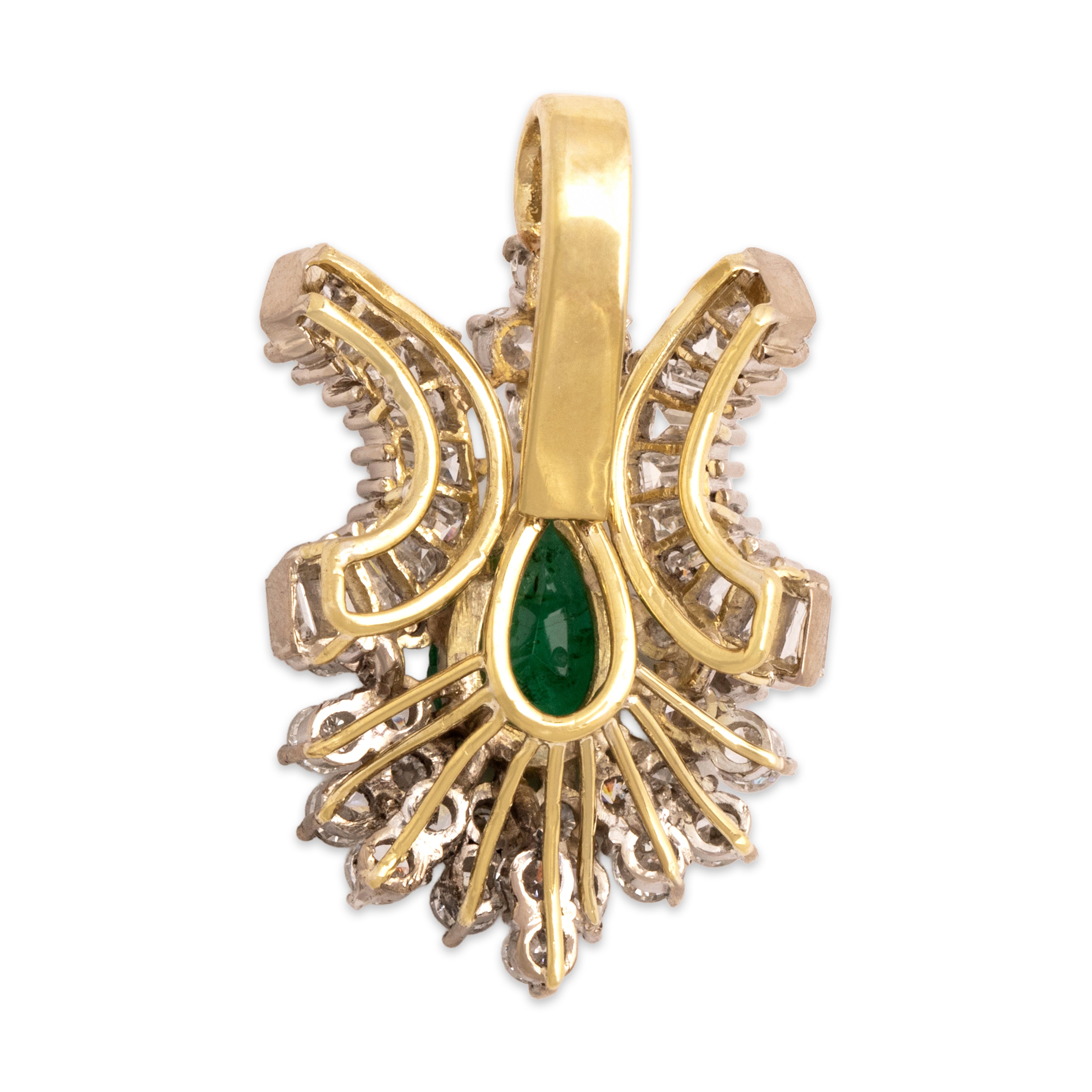 Vintage 18k Yellow Gold 1.93cttw Diamond .9ct Emerald Spectacular Sparkling Accented Pear Pendant - Back view