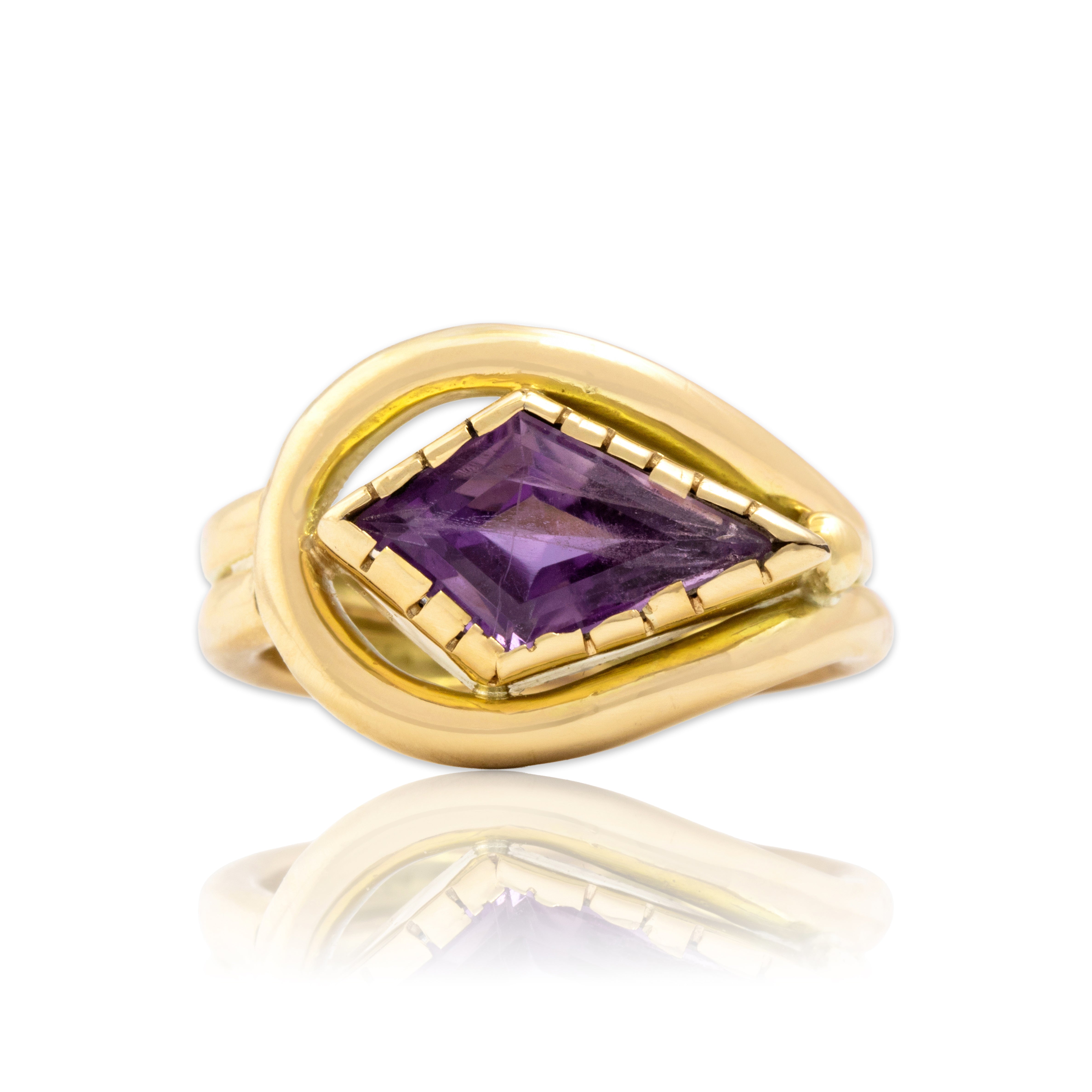 Vintage Heavy 14k Yellow Gold 2.02ct Amethyst Rhombus Swirl Buckle Ring 5.50