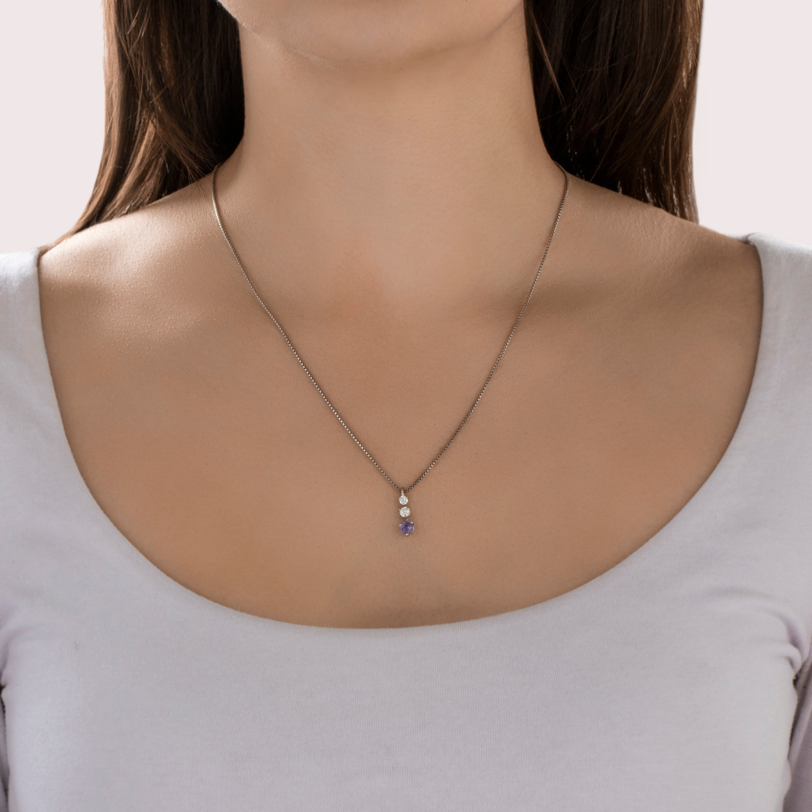 Vintage 14k White Gold .59ct Purple Synthetic Sapphire Natural Old Mine Cut Diamond Natural Old European Cut Diamond Sparkling Line Pendant - On model view