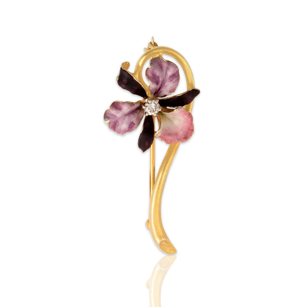 Antique Art Nouveau 14k Yellow Gold Diamond Enamel Iris Flower Brooch / Pin