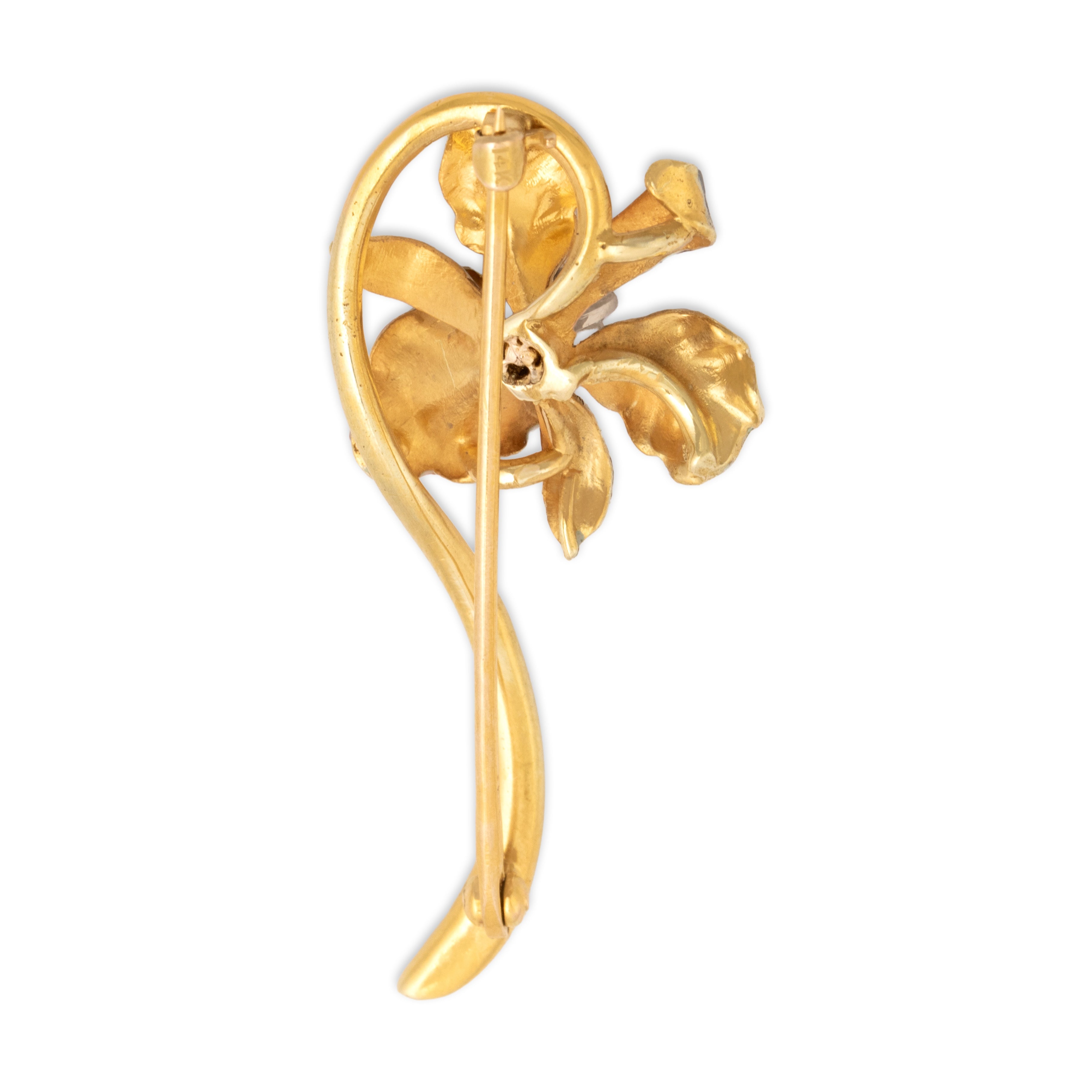 Antique Art Nouveau 14k Yellow Gold Diamond Fantastic Enamel Iris Flower Brooch / Pin - Back view