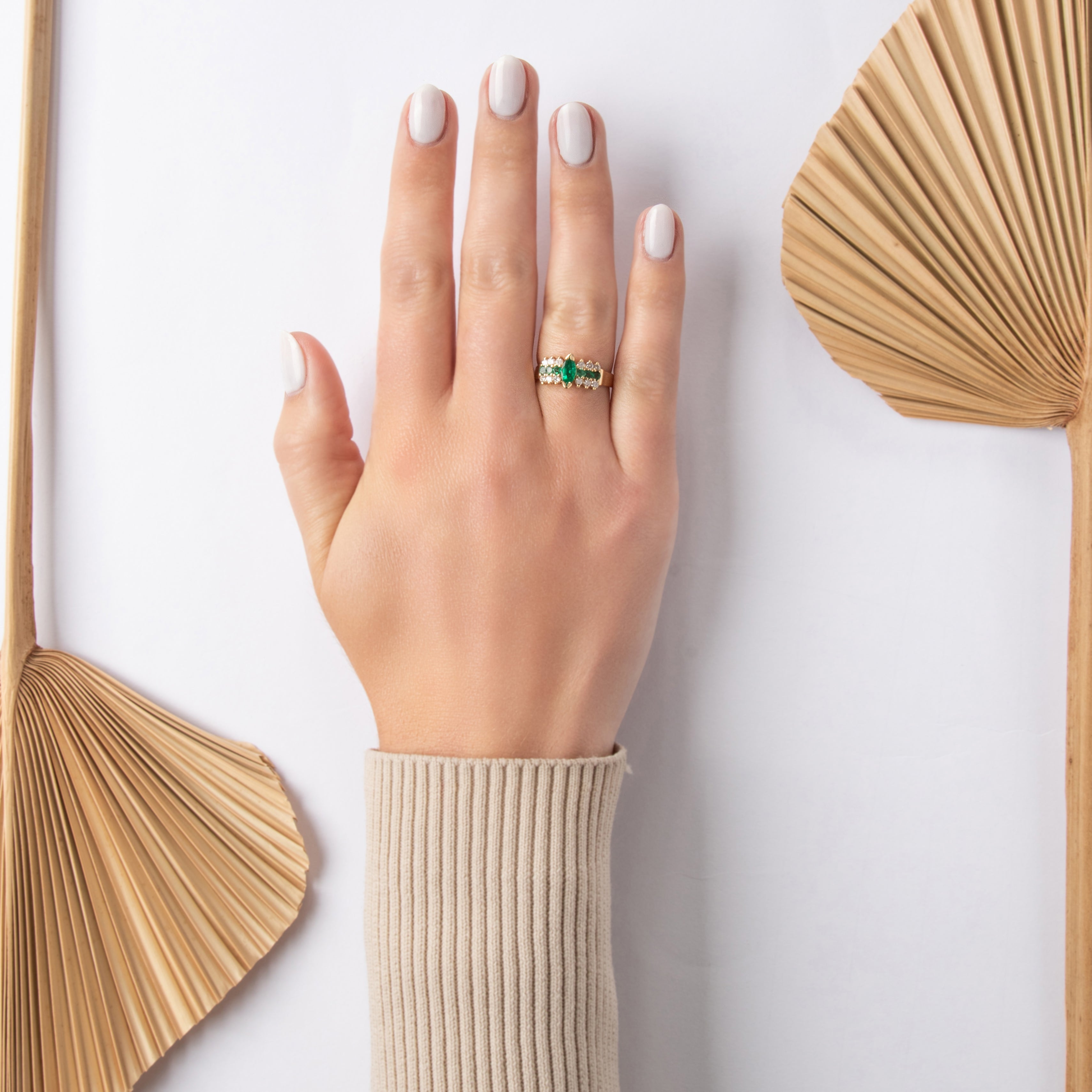Vintage 14k Yellow Gold Emerald Diamond Sparkling Marquise Step Shoulder Ring - On model view