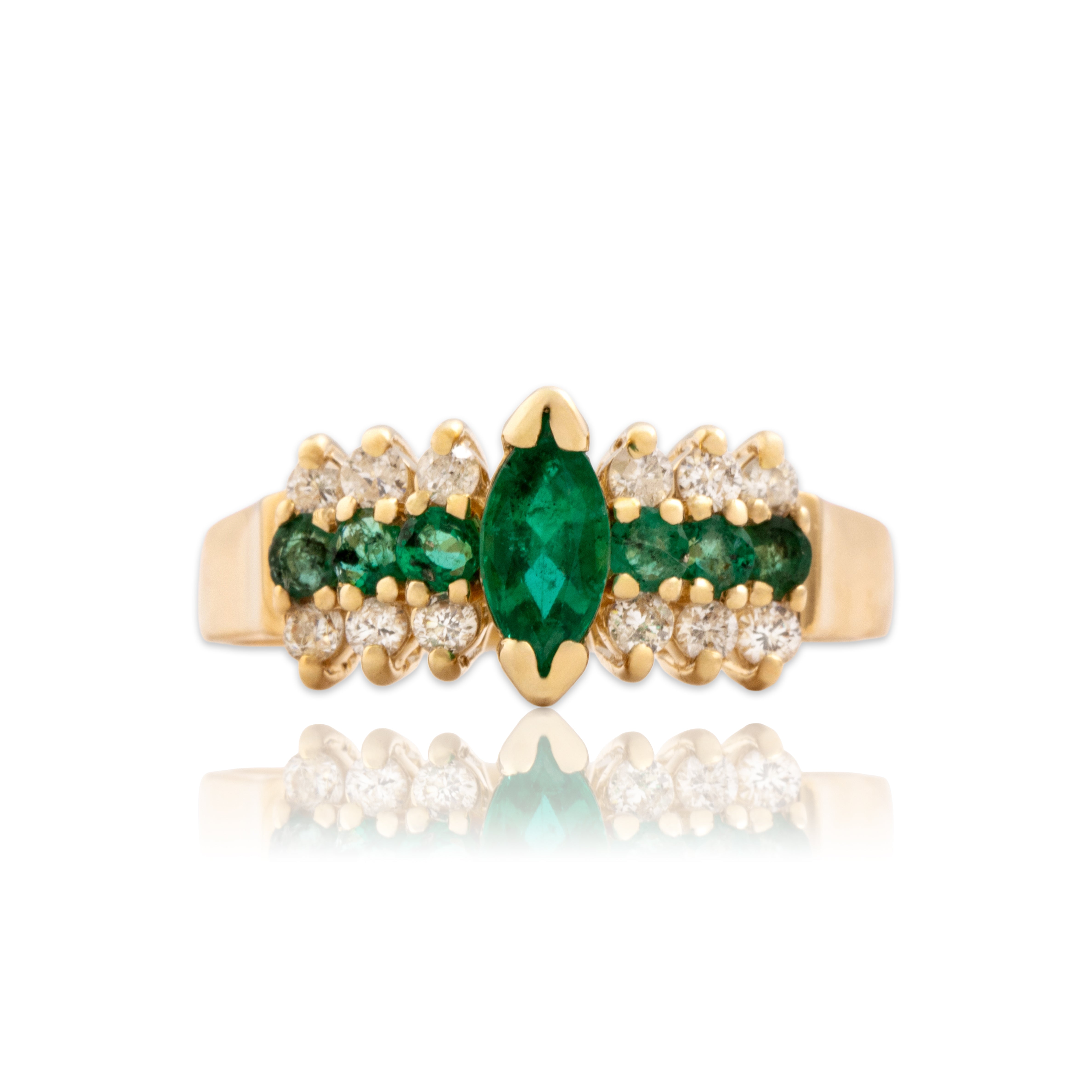 Vintage 14k Yellow Gold Emerald Diamond Sparkling Marquise Step Shoulder Ring - Close-up view