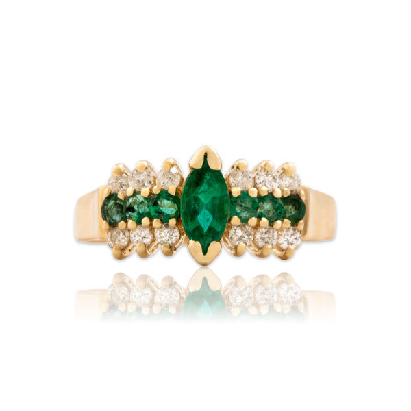 Vintage 14k Yellow Gold Emerald Diamond Sparkling Marquise Shoulder Ring 7.00