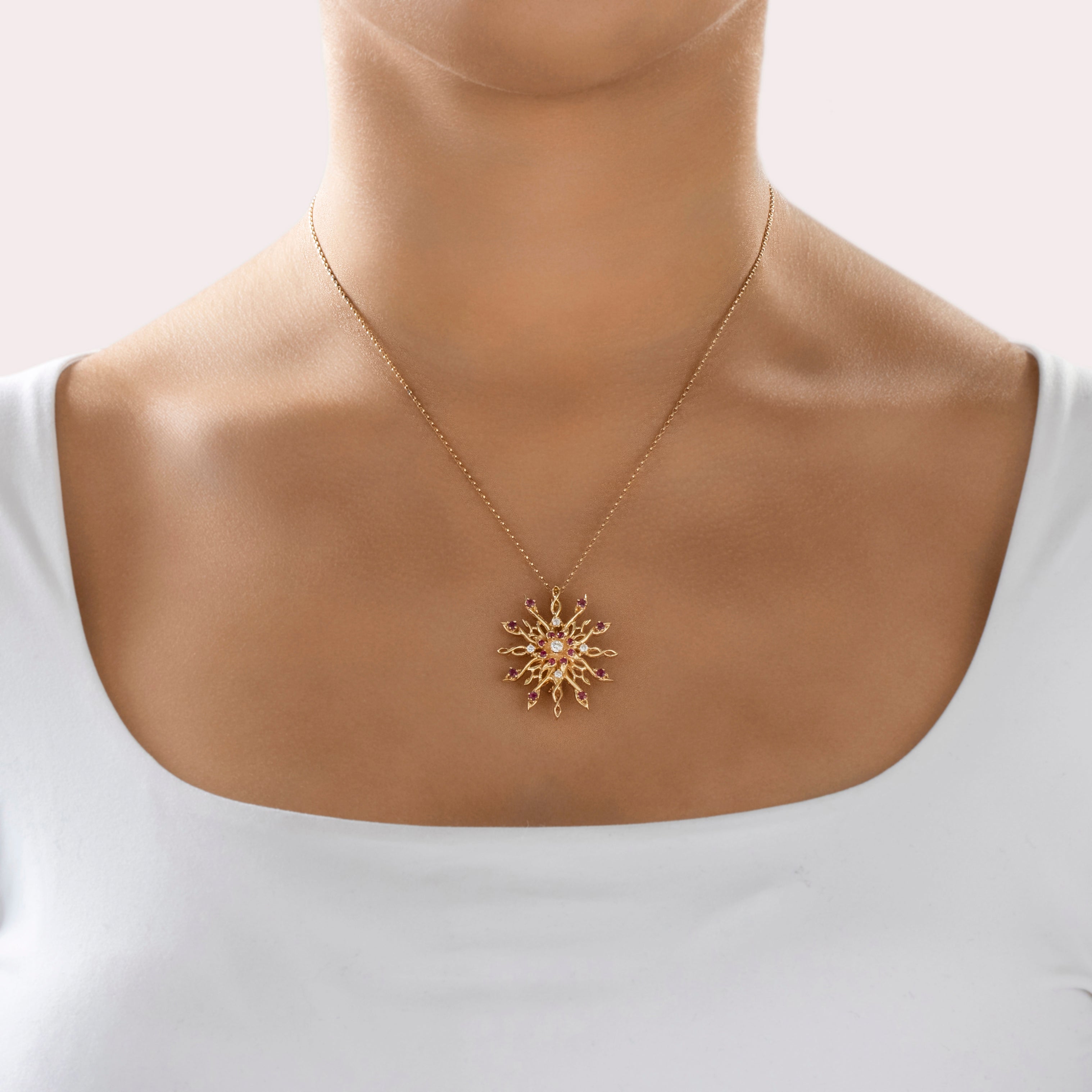 Vintage Large 14k Yellow Gold .6cttw Ruby Diamond Twirling Star Pin / Pendant - On model view