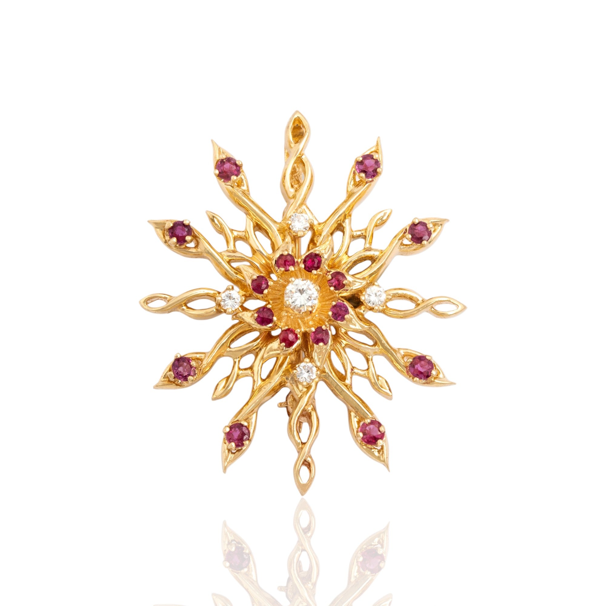 Vintage Large 14k Yellow Gold .6cttw Ruby Diamond Twirling Star Pin / Pendant