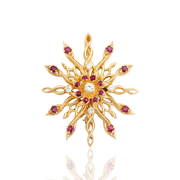 Vintage Large 14k Yellow Gold .6cttw Ruby Diamond Twirling Star Pin / Pendant