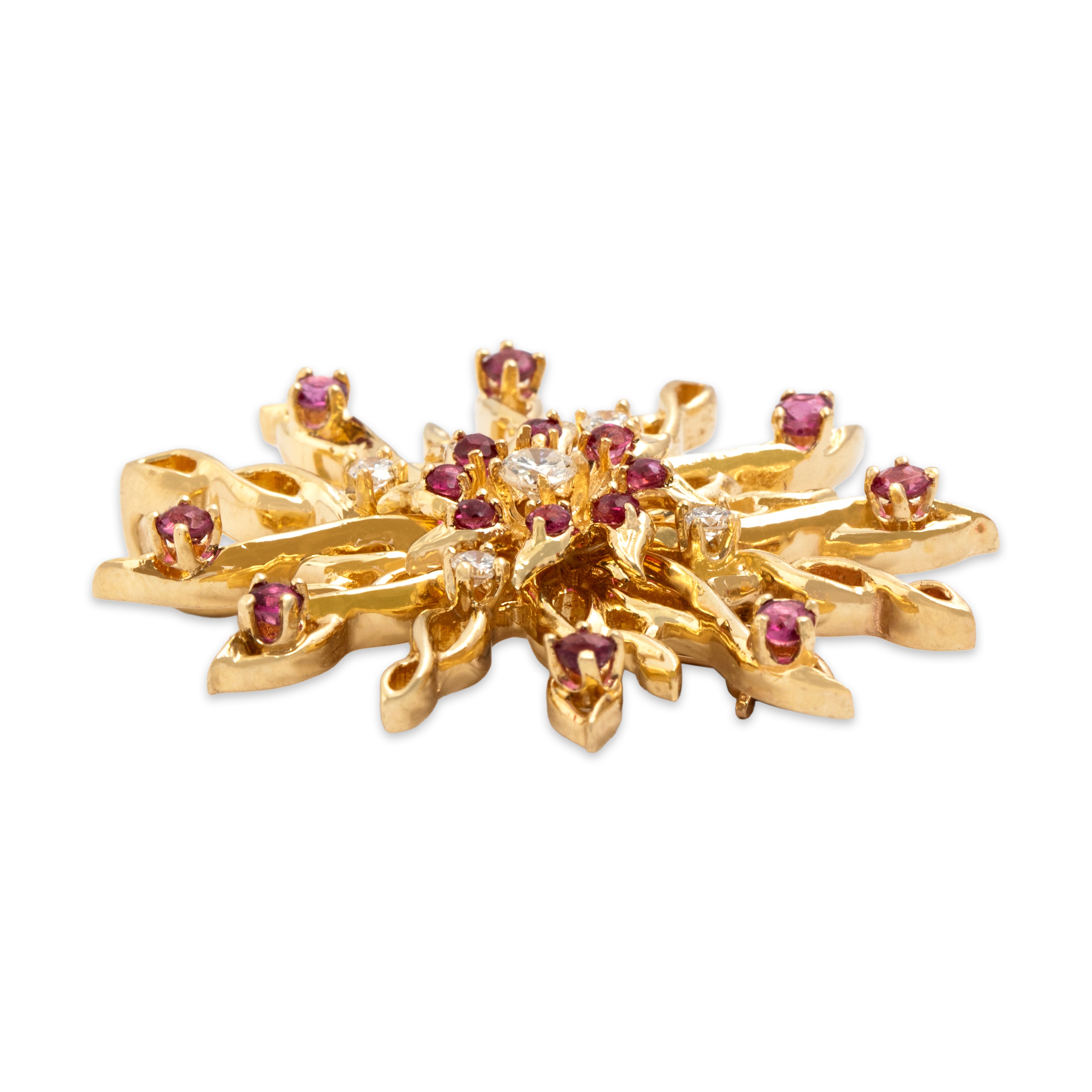 Vintage Large 14k Yellow Gold .6cttw Ruby Diamond Twirling Star Pin / Pendant - Side view
