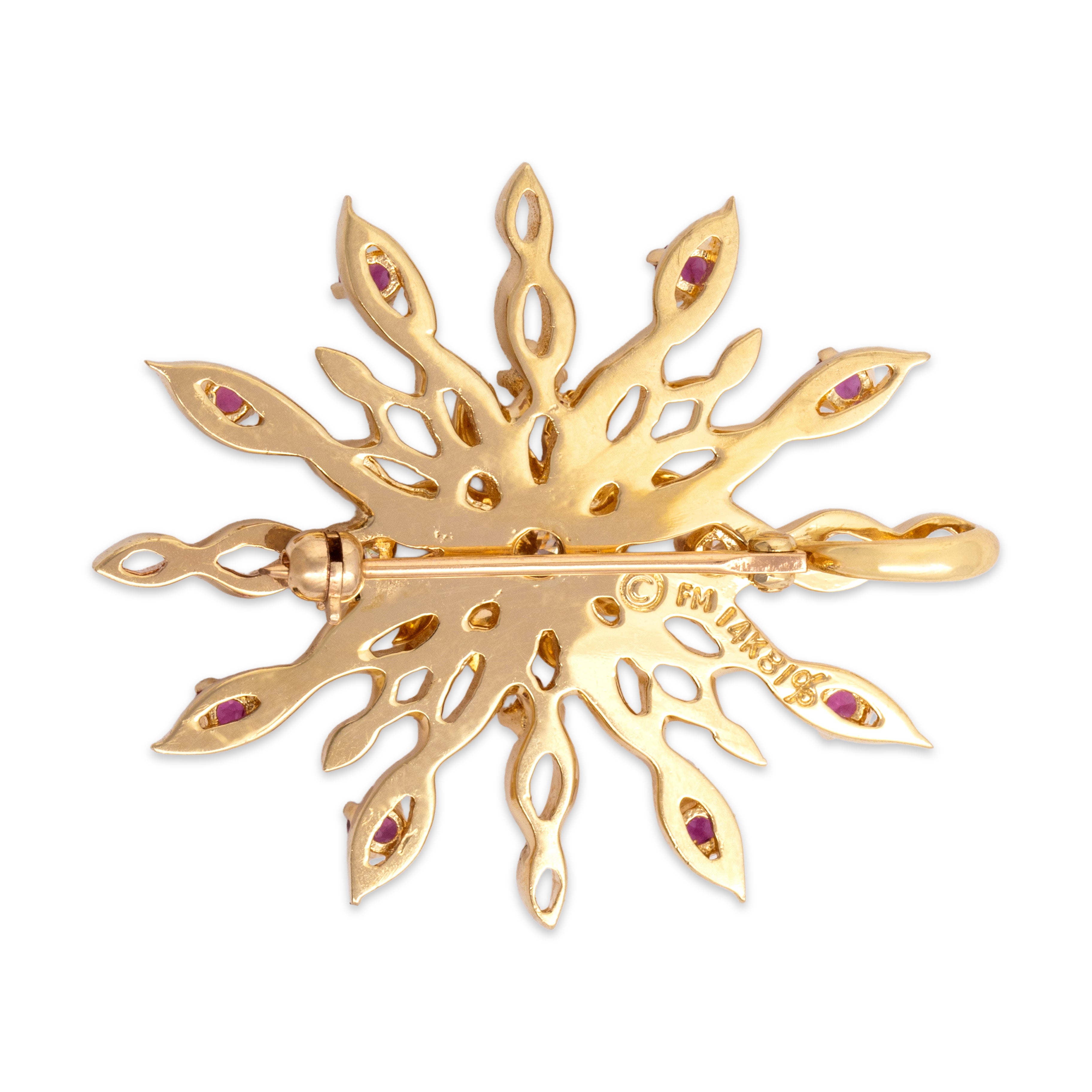 Vintage Large 14k Yellow Gold .6cttw Ruby Diamond Twirling Star Pin / Pendant - Back view