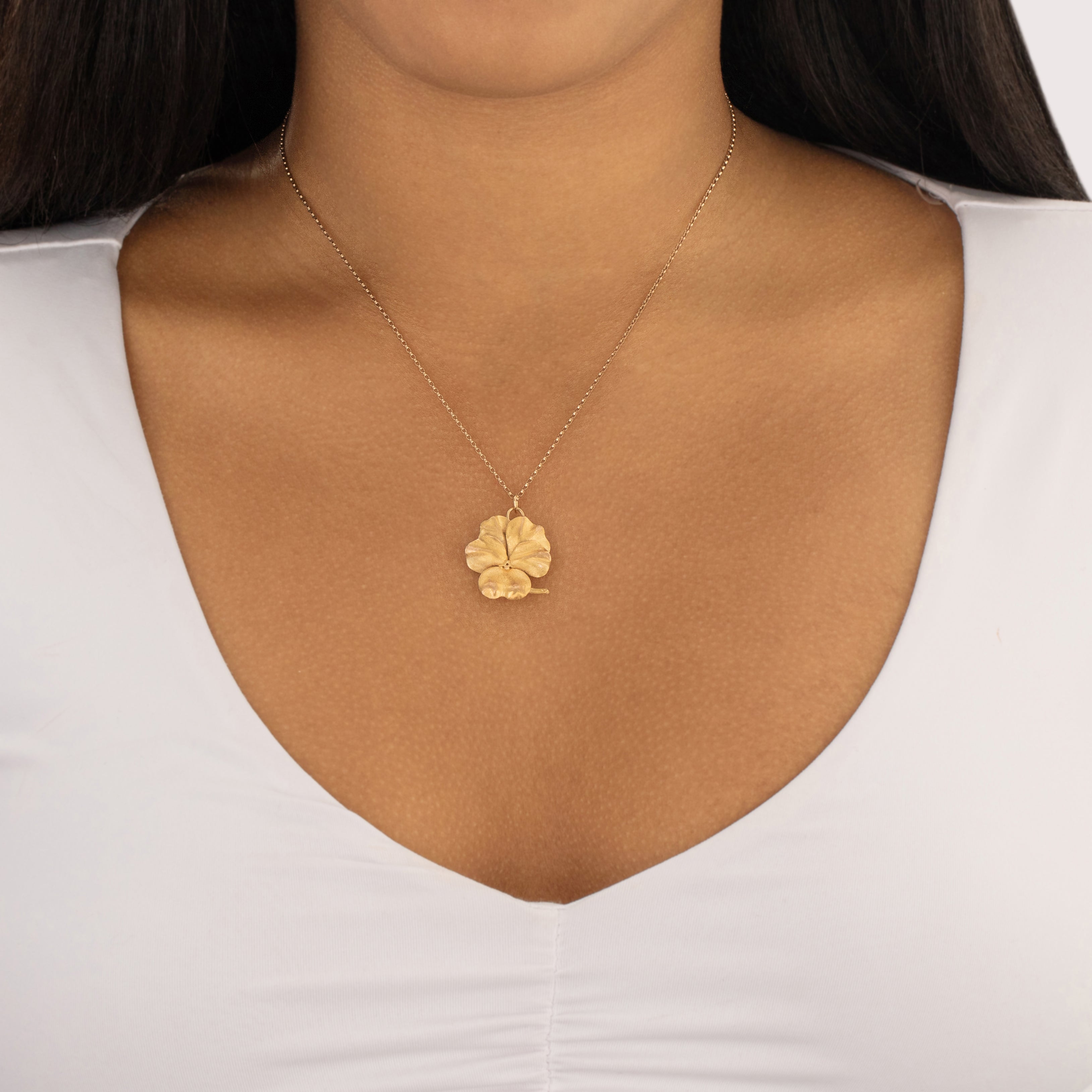 Antique 18k Yellow Gold Beautiful Textured Pansy Bloom Charm / Pendant - On model view