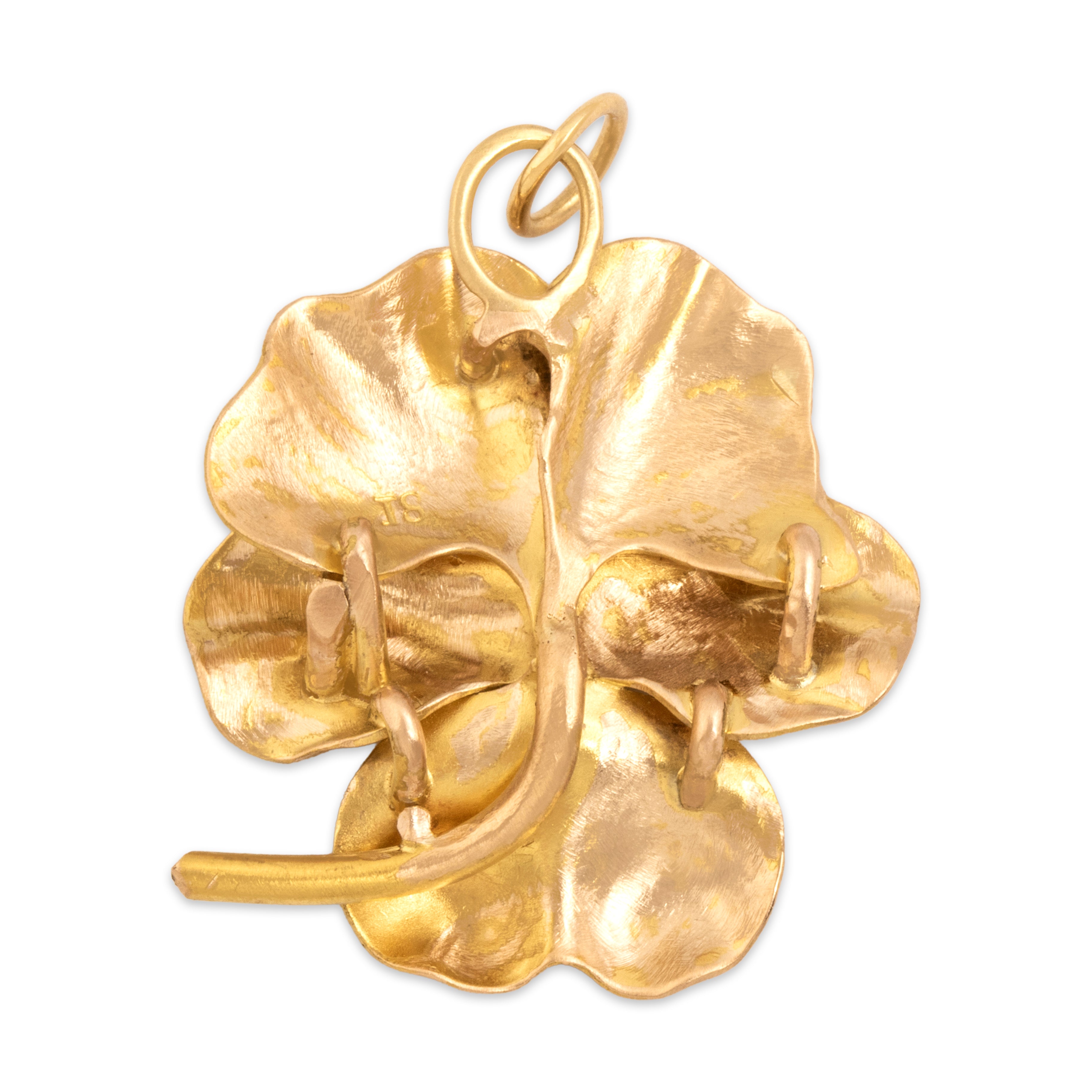 Antique 18k Yellow Gold Beautiful Textured Pansy Bloom Charm / Pendant - Back view