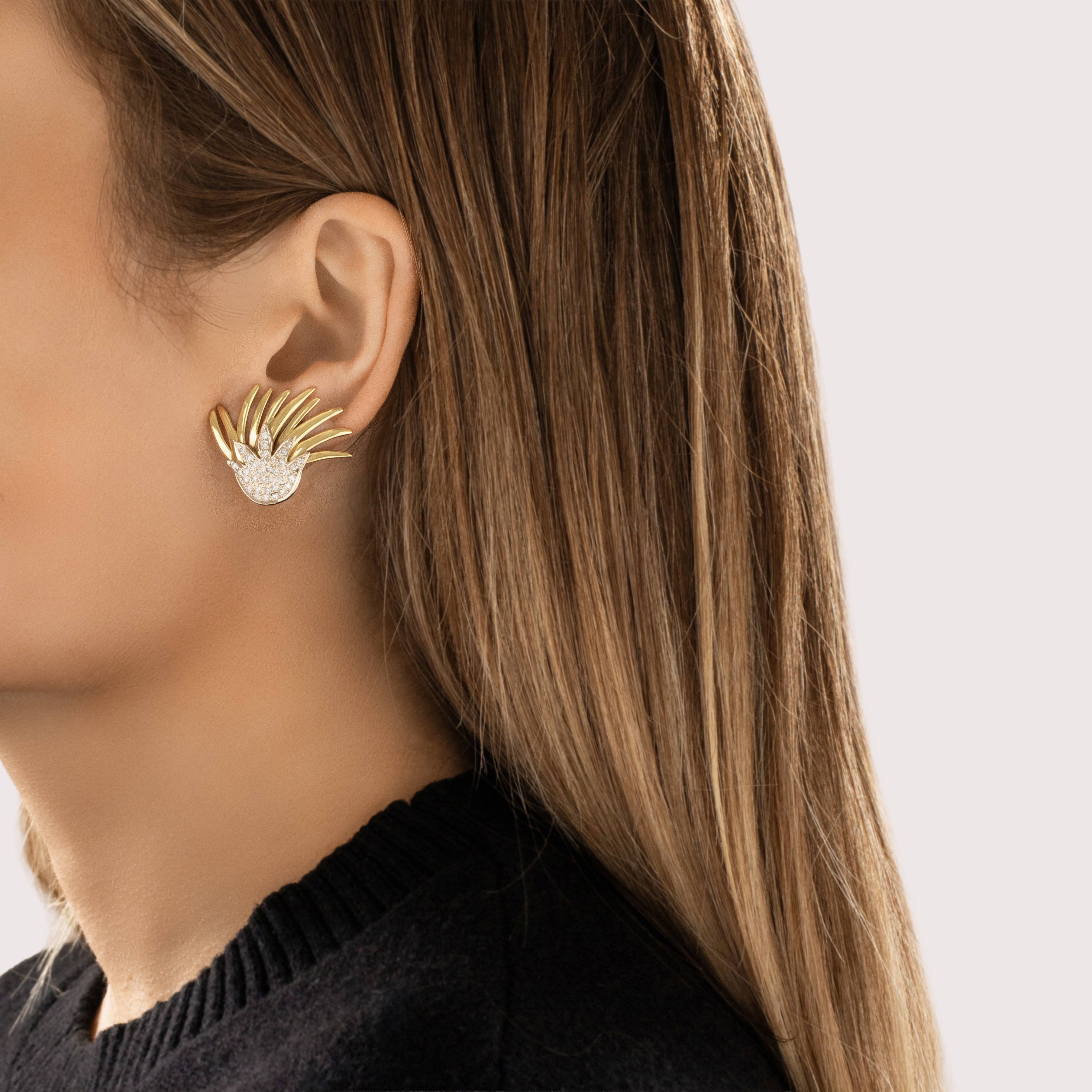 Vintage 18k Yellow Gold & 14k White Gold .73cttw Diamond Oversized Fabulous Botanical Fan Omega Back Earrings - On model view