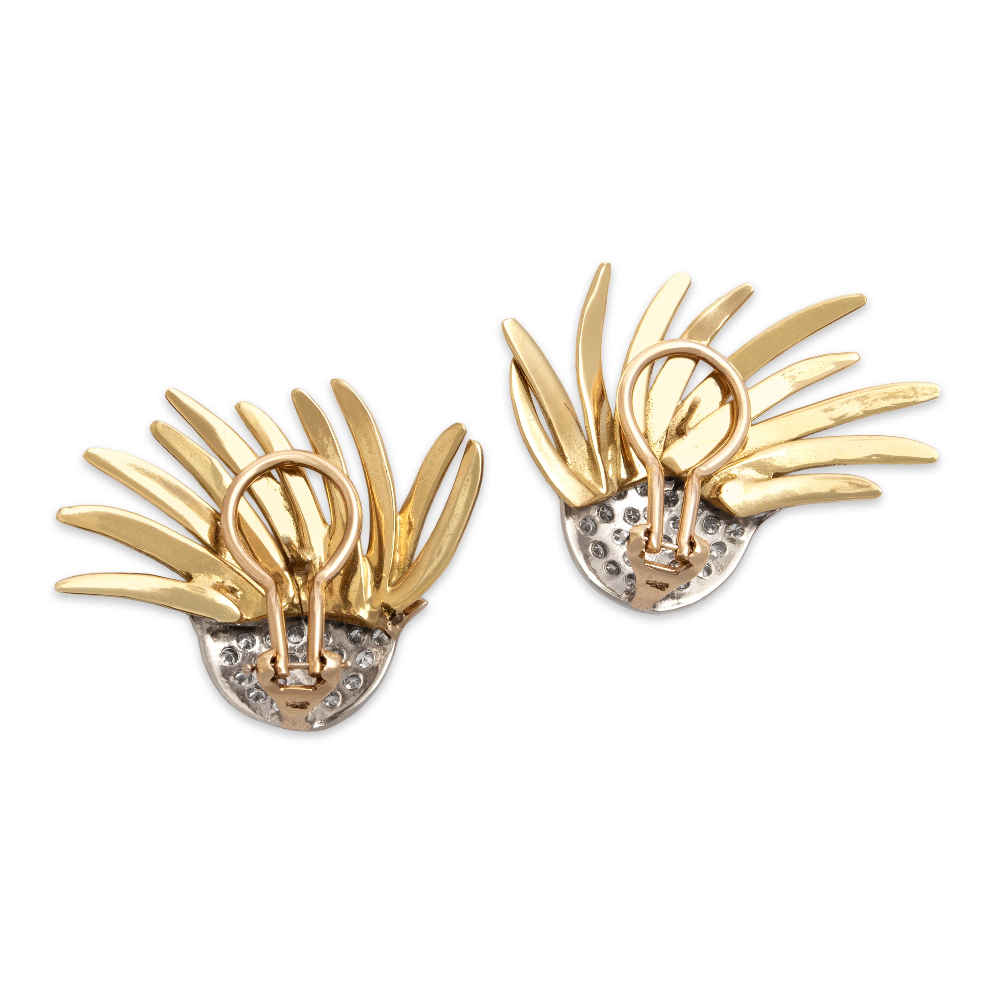 Vintage Oversized 18k Yellow Gold & 14k White Gold .73cttw Diamond Fan Earrings