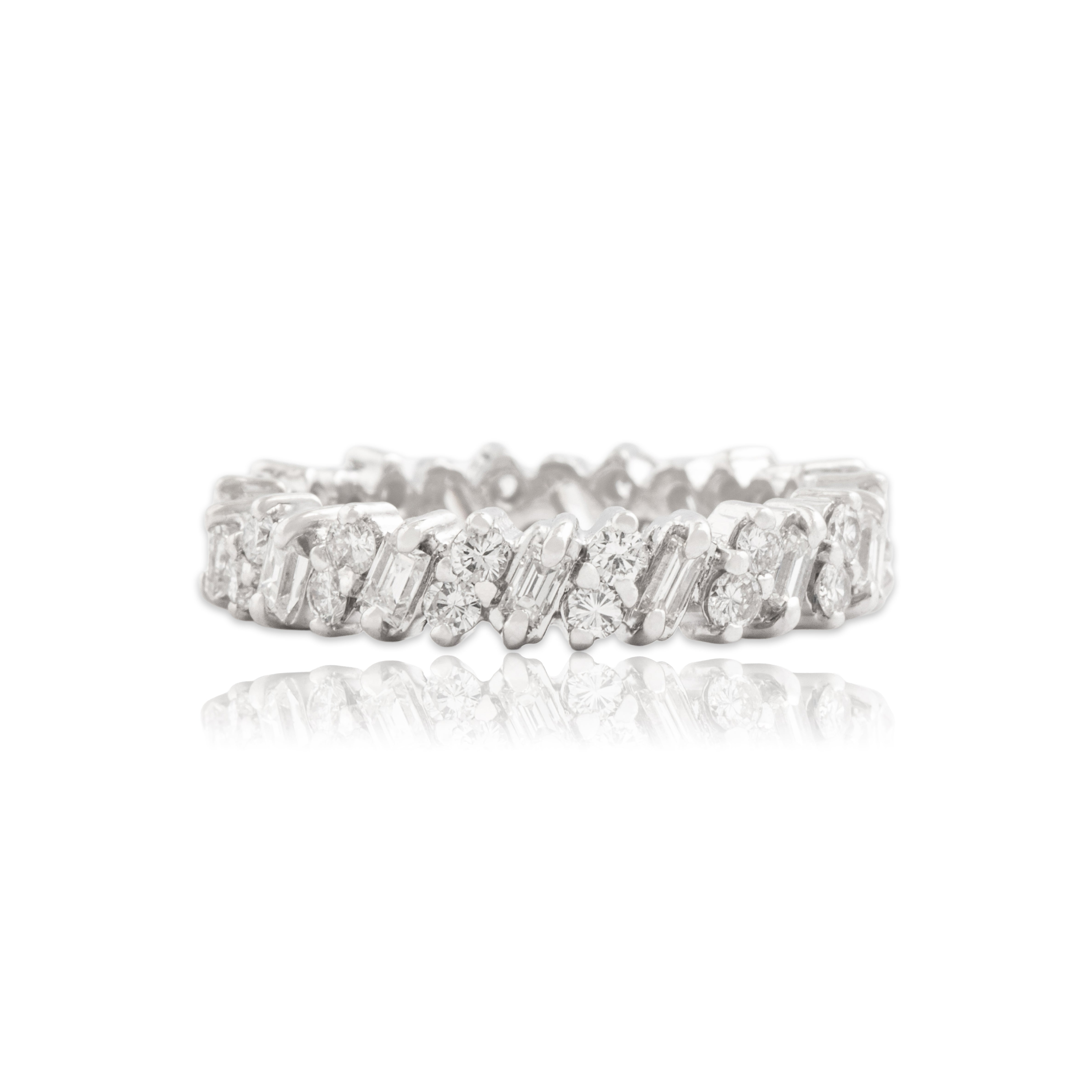 Estate 14k White Gold 1.25cttw Diamond Dazzling Alternating Baguette Round Eternity Band Ring - Close-up view