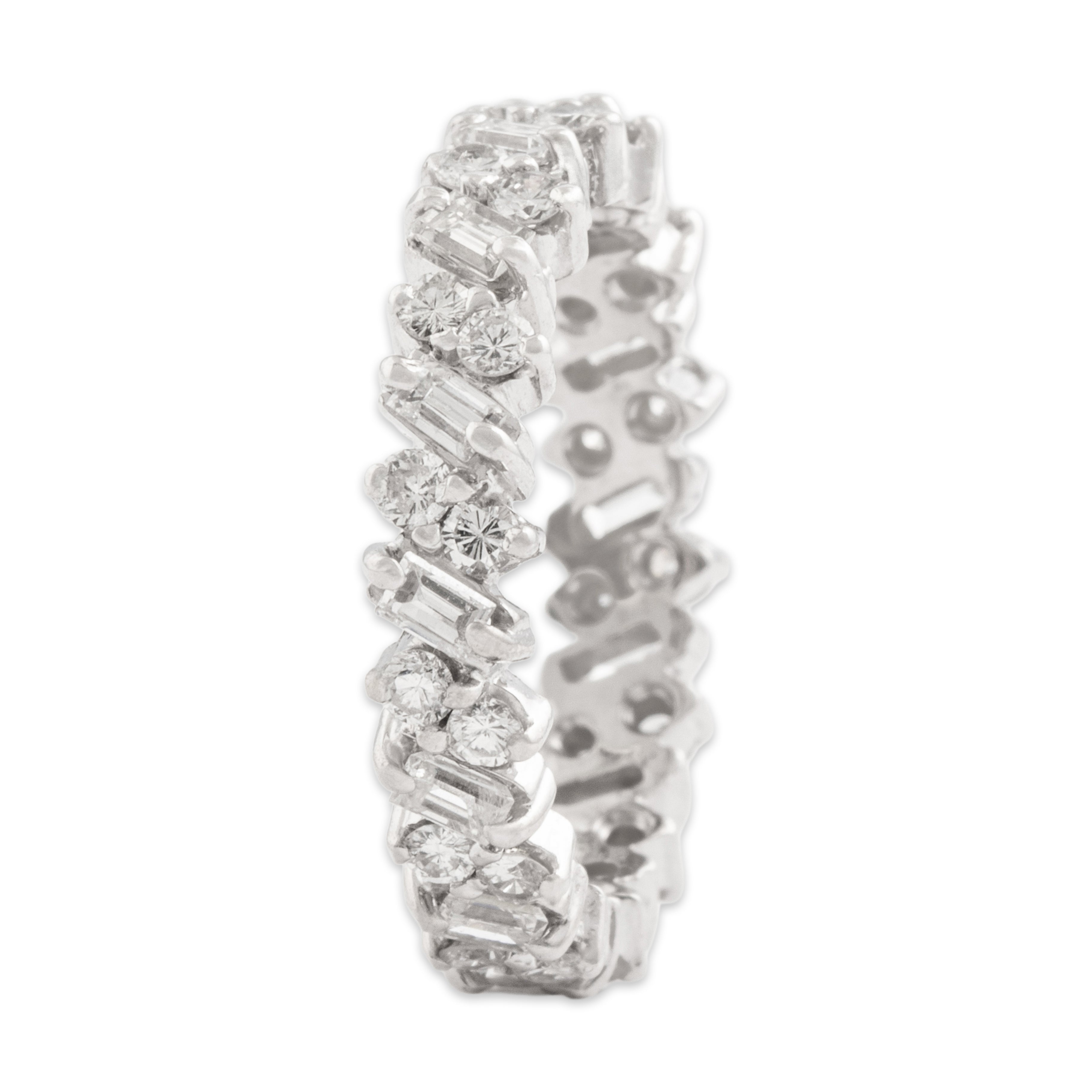 Estate 14k White Gold 1.25cttw Diamond Dazzling Alternating Baguette Round Eternity Band Ring - Overall view