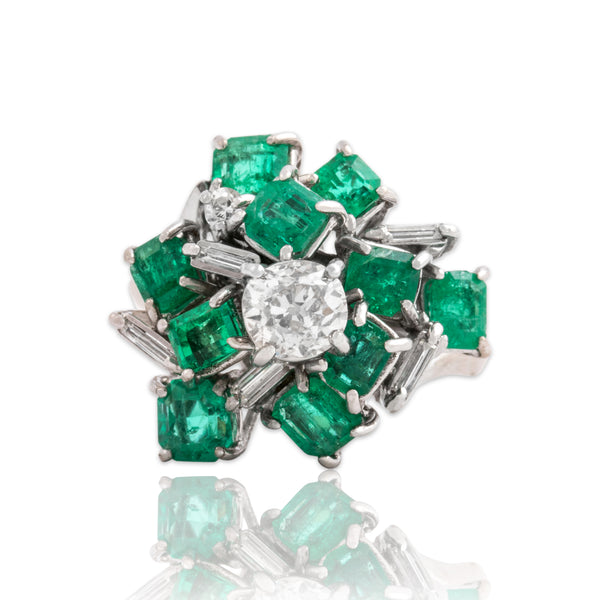 Vintage 18k White Gold 2cttw Emerald .69cttw Old Mine Diamond Fabulous Ring 7.00