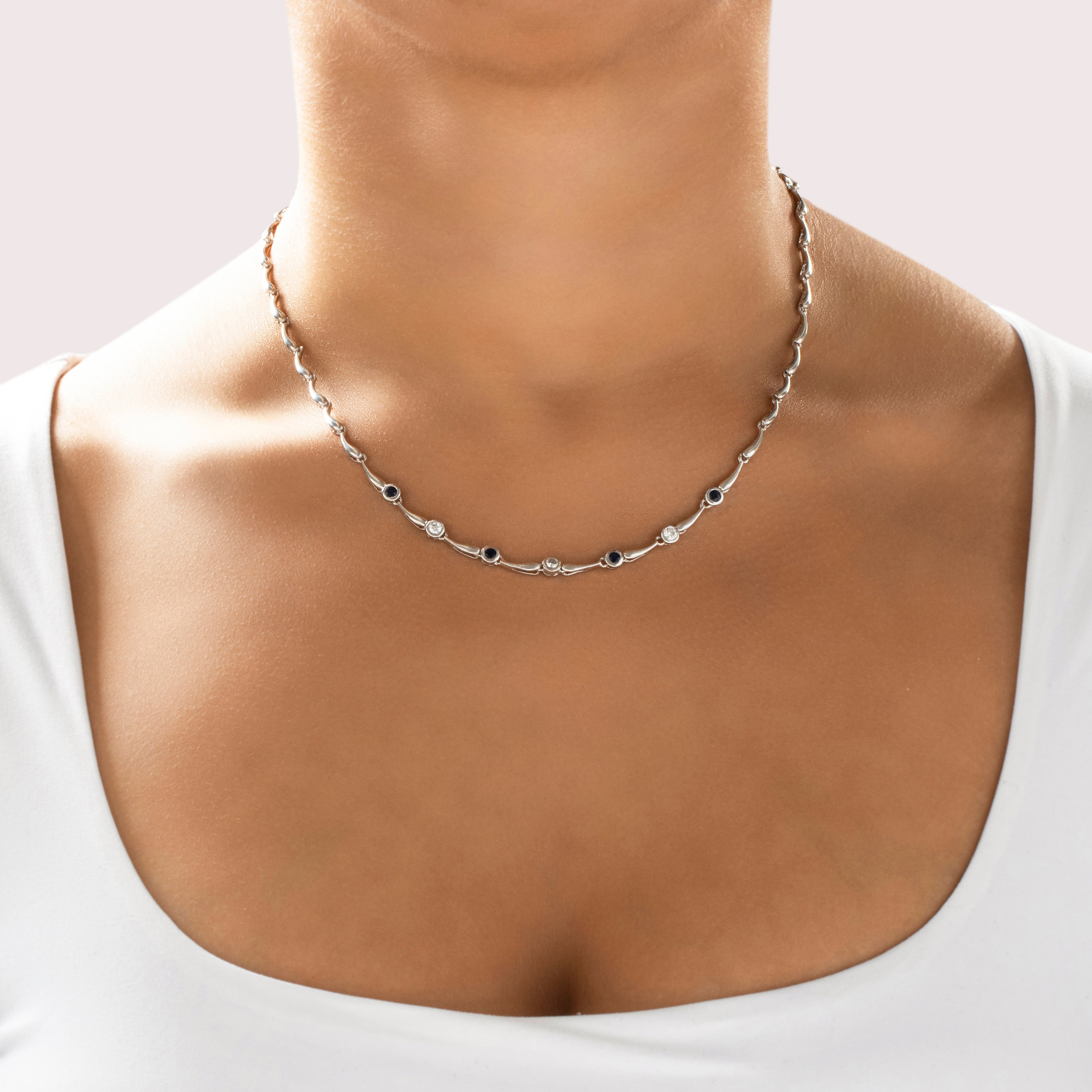 Vintage 14k White Gold Blue Sapphire Diamond Alternating Raindrop Link Necklace - On model view
