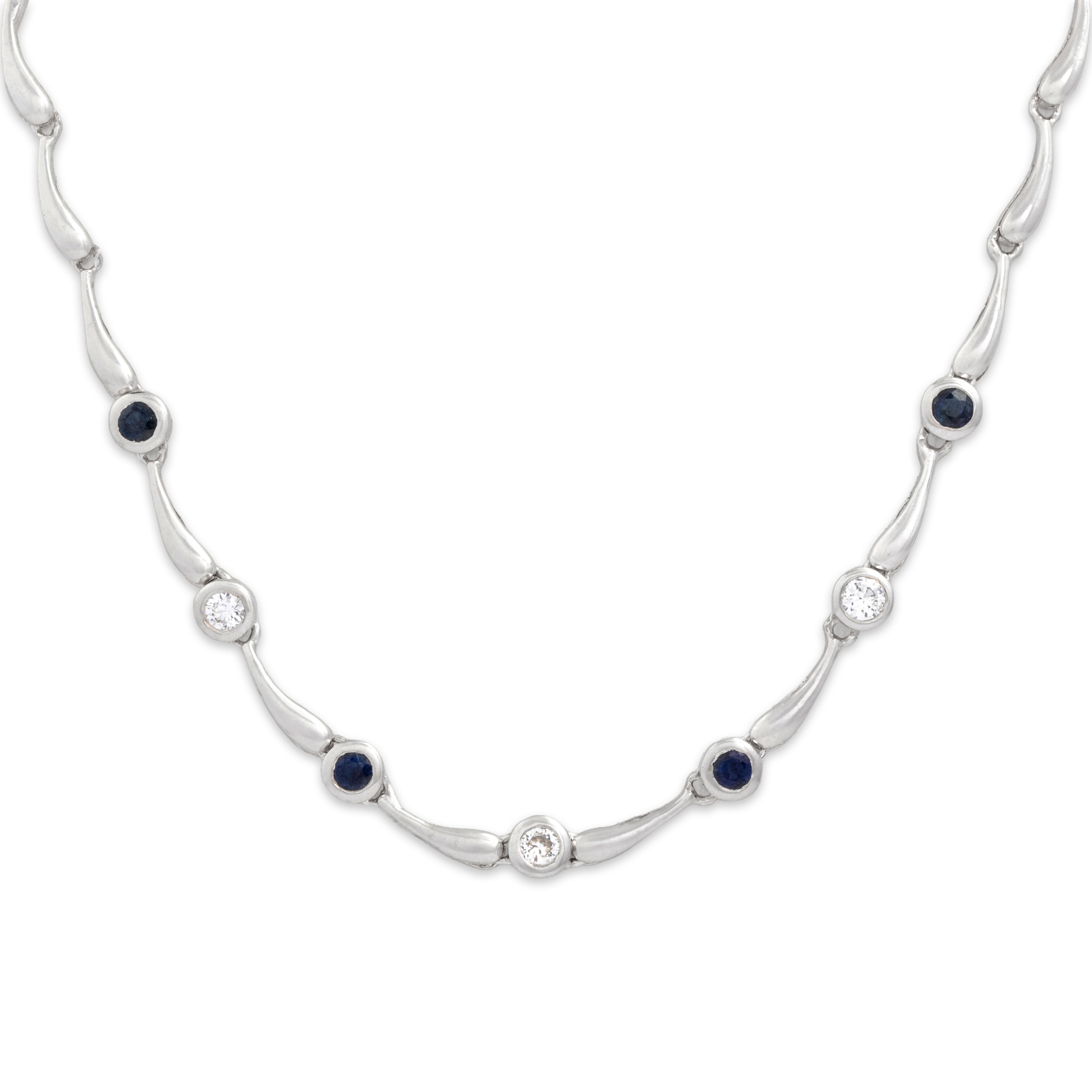 Vintage 14k White Gold Blue Sapphire Diamond Alternating Raindrop Link Necklace - detail view #1