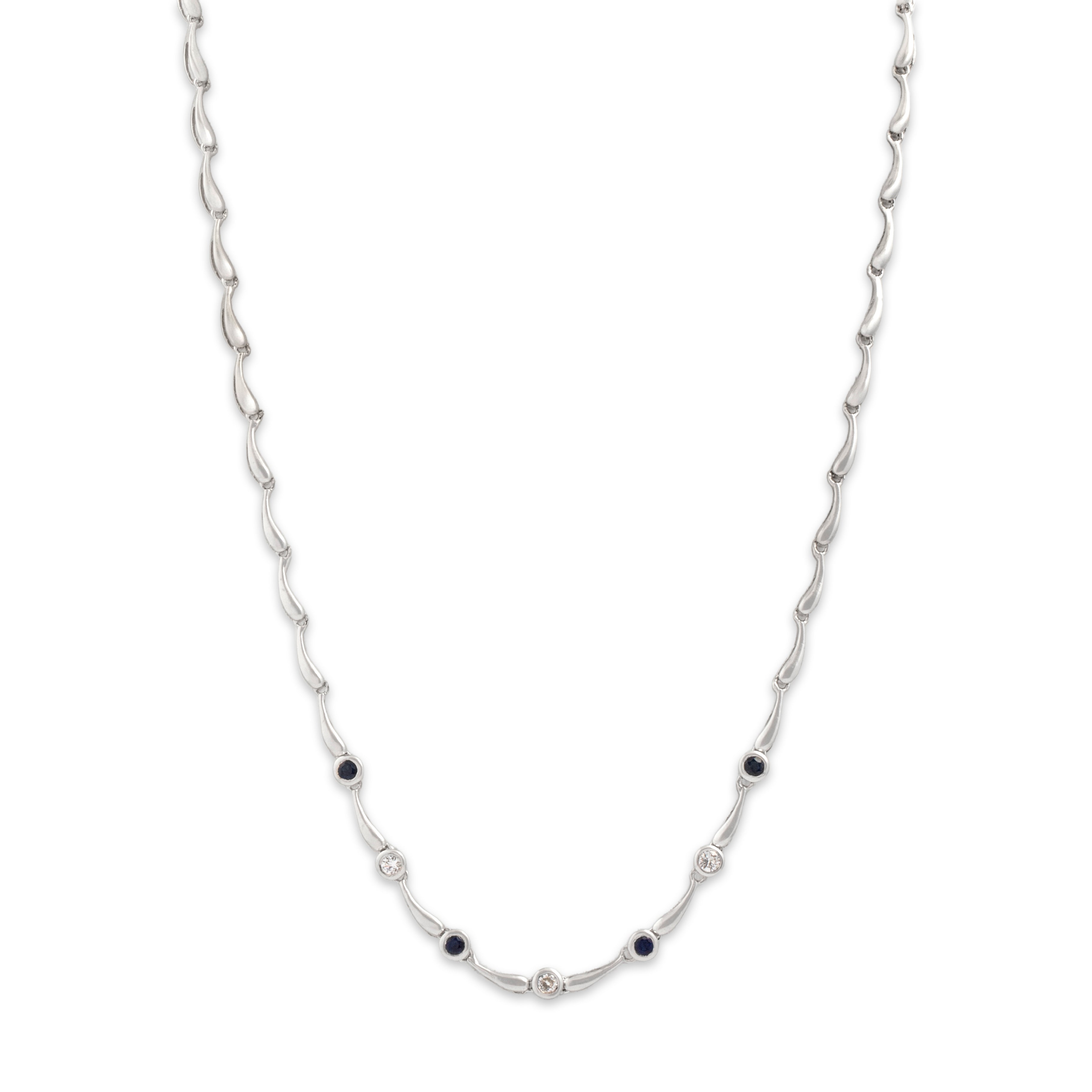 Vintage 14k White Gold Blue Sapphire Diamond Alternating Raindrop Link Necklace - Close-up view