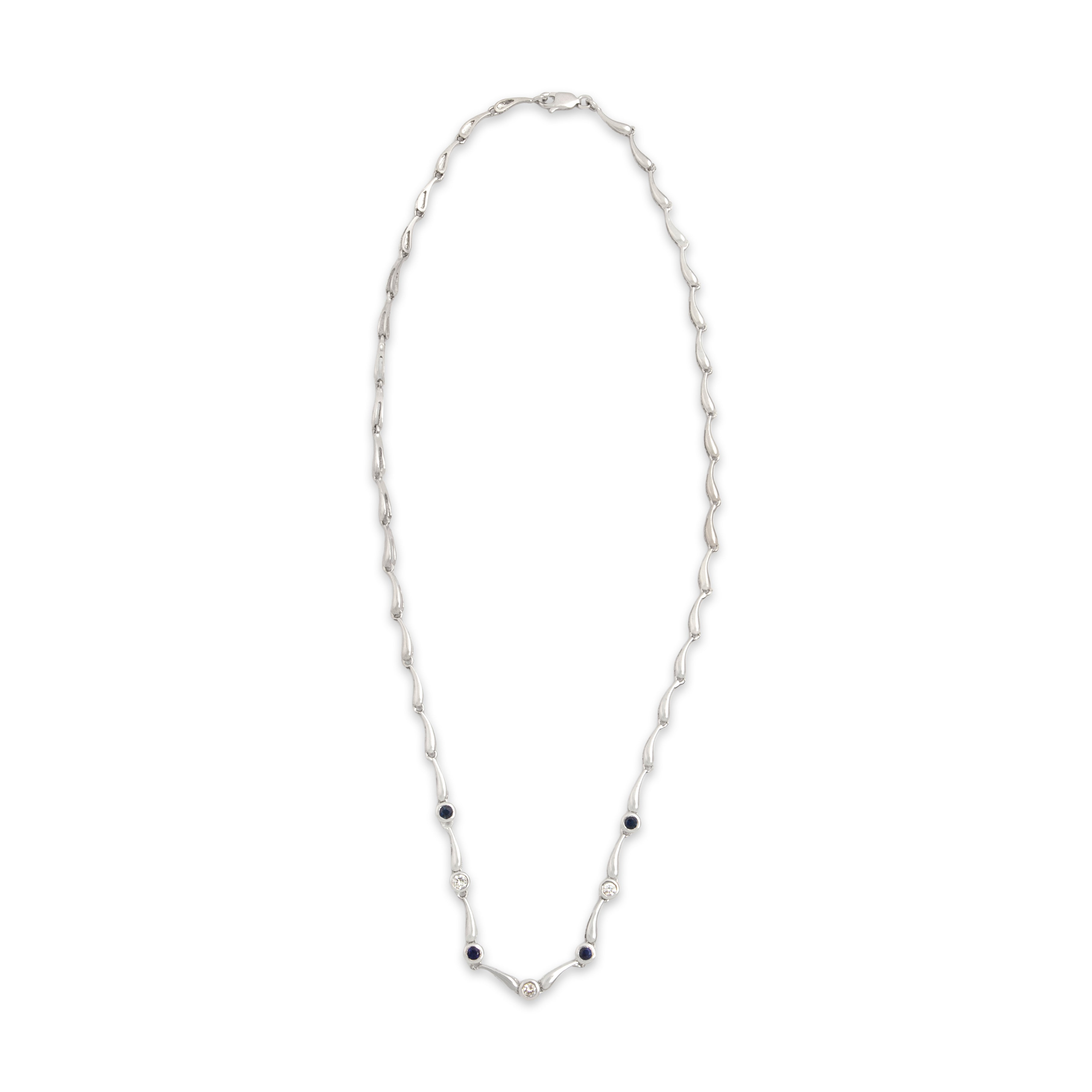Vintage 14k White Gold Blue Sapphire Diamond Alternating Raindrop Link Necklace - Overall view
