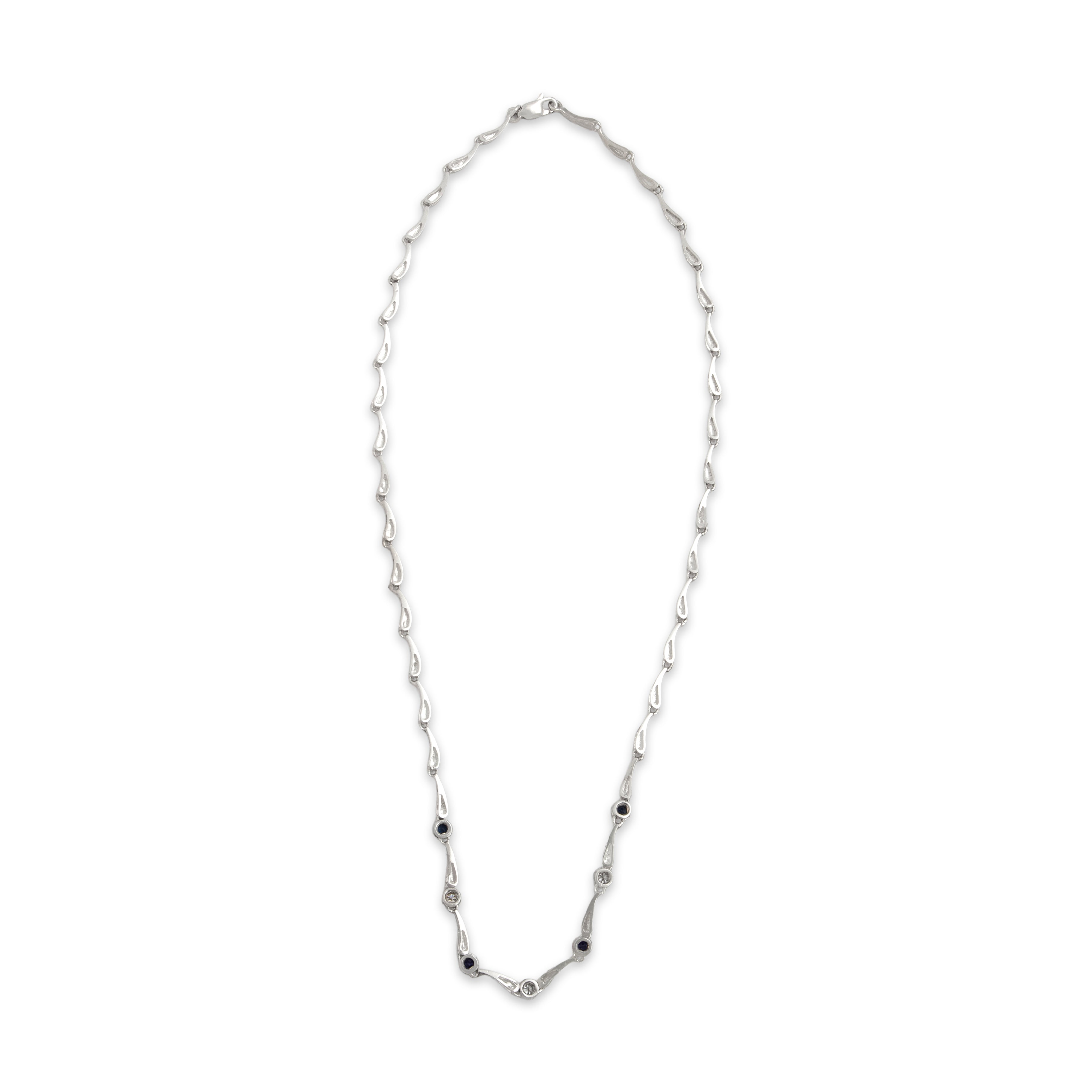 Vintage 14k White Gold Blue Sapphire Diamond Alternating Raindrop Link Necklace - Overall view