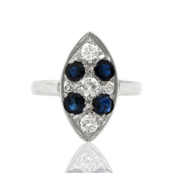 Vintage 14k White Gold Blue Sapphire Old Mine Cut Diamond Navette Ring 3.25