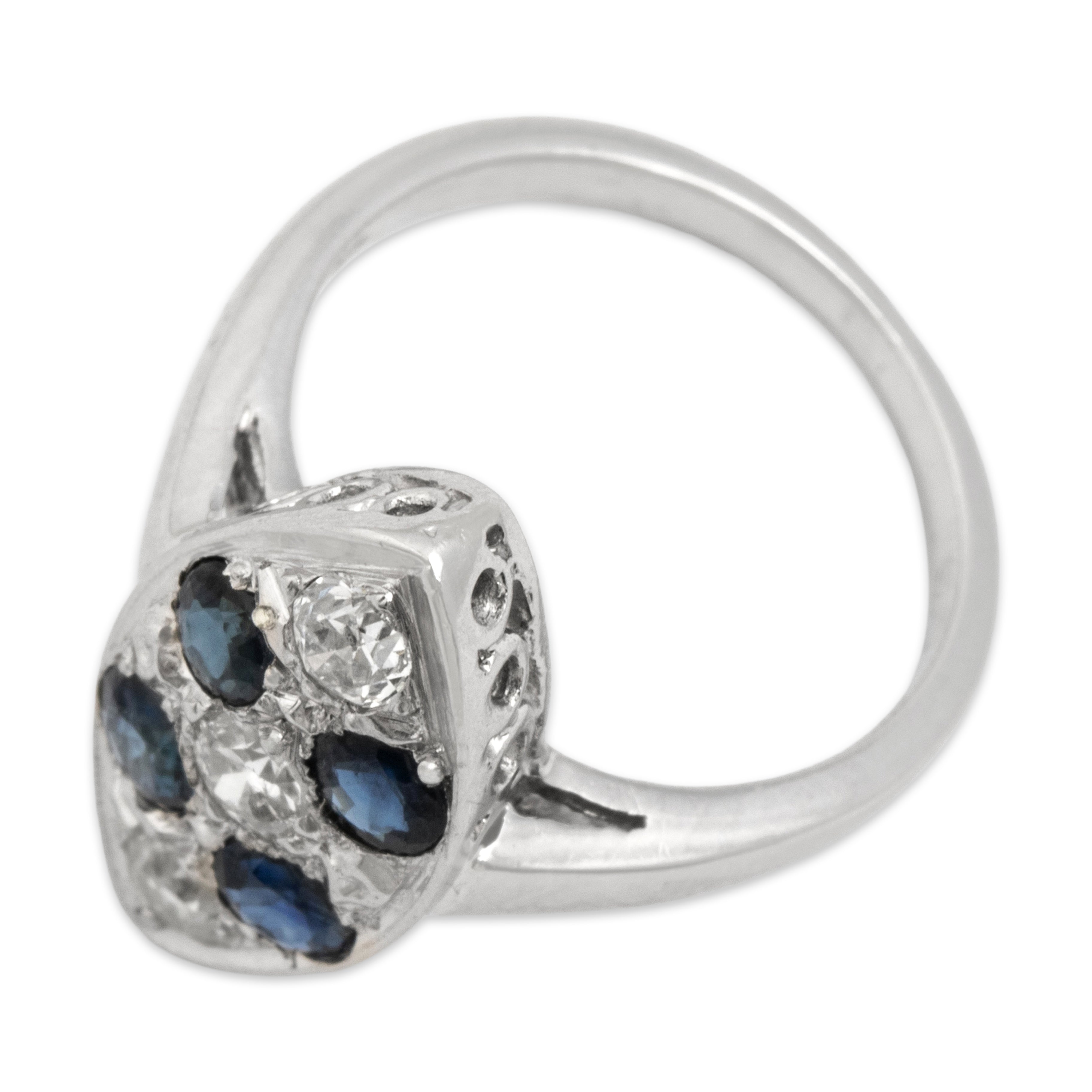 Vintage 14k White Gold Blue Sapphire Old Mine Cut Diamond Flashing Navette Ring - Overall view