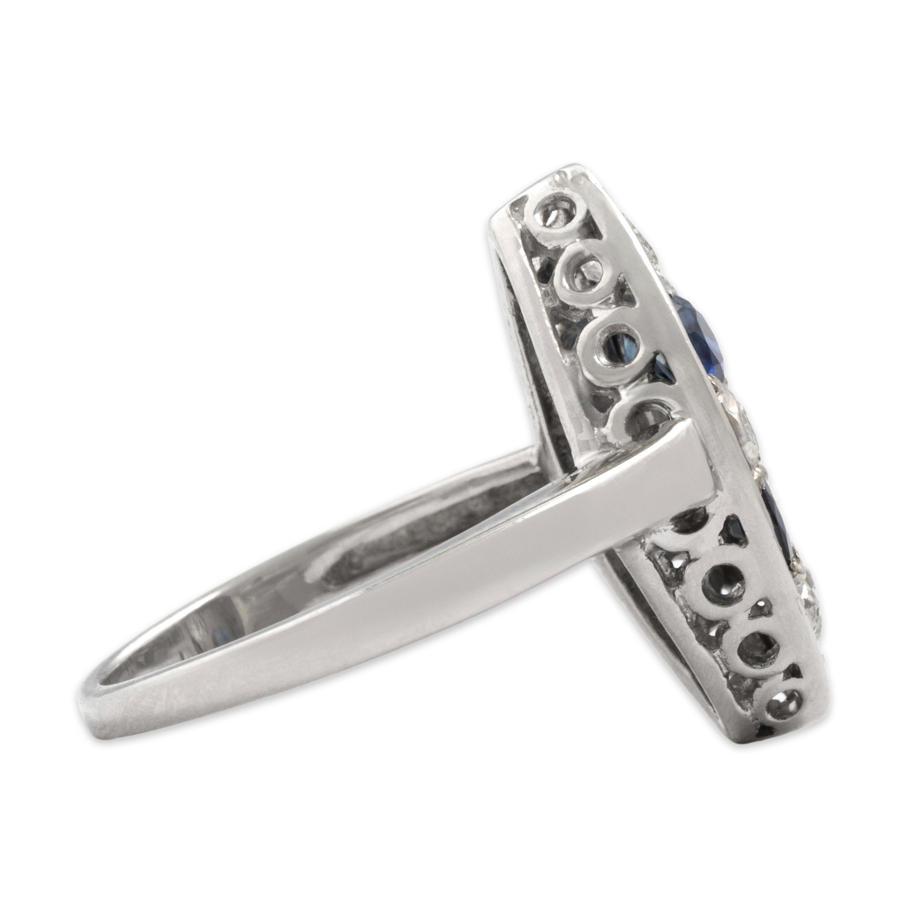 Vintage 14k White Gold Blue Sapphire Old Mine Cut Diamond Flashing Navette Ring - Side view