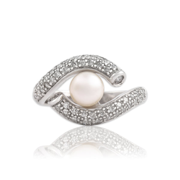 Vintage 14k White Gold Pearl Diamond Sparkling Pavé Bypass Ring 7.50