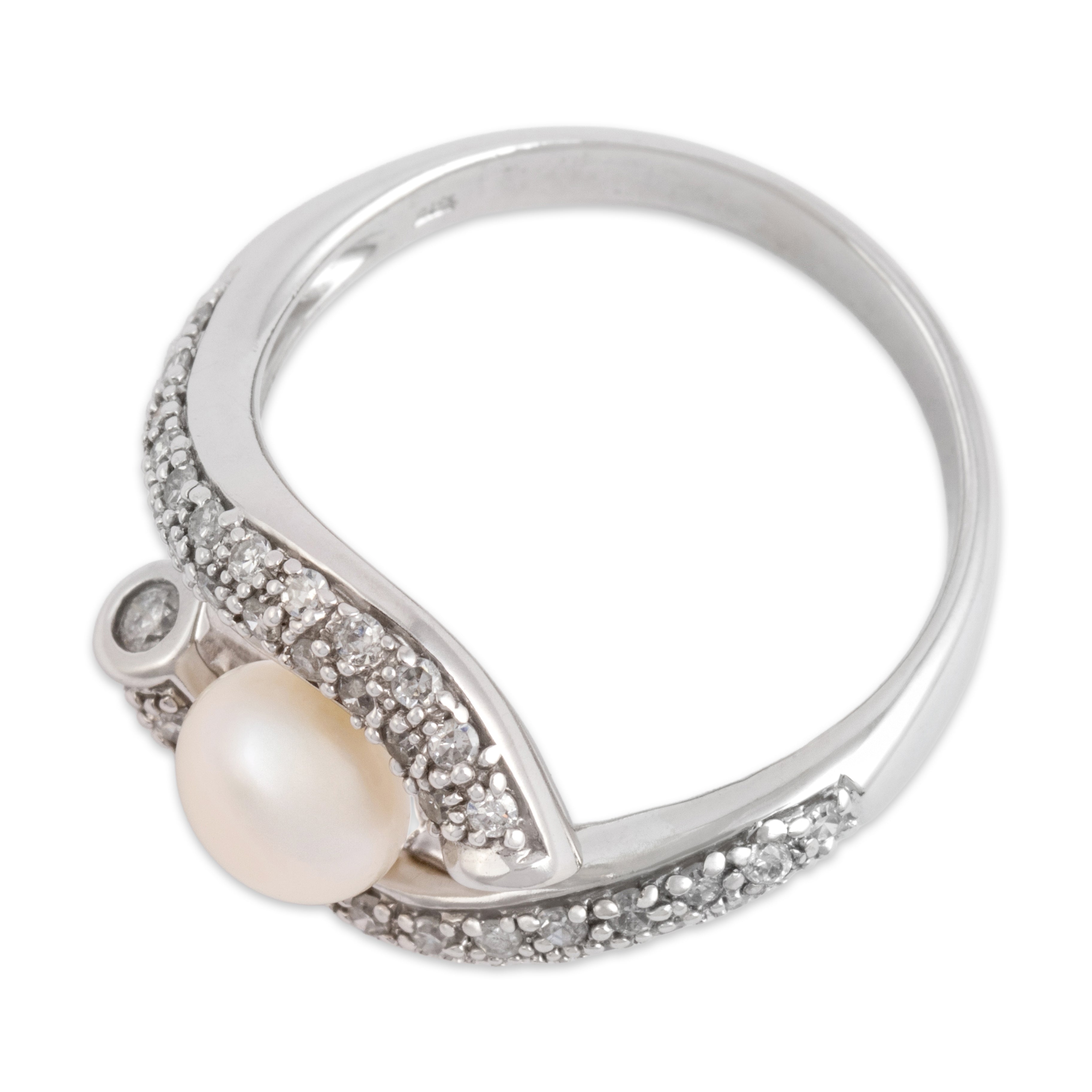 Vintage 14k White Gold Pearl Diamond Sparkling Pavã© Bypass Ring - Overall view