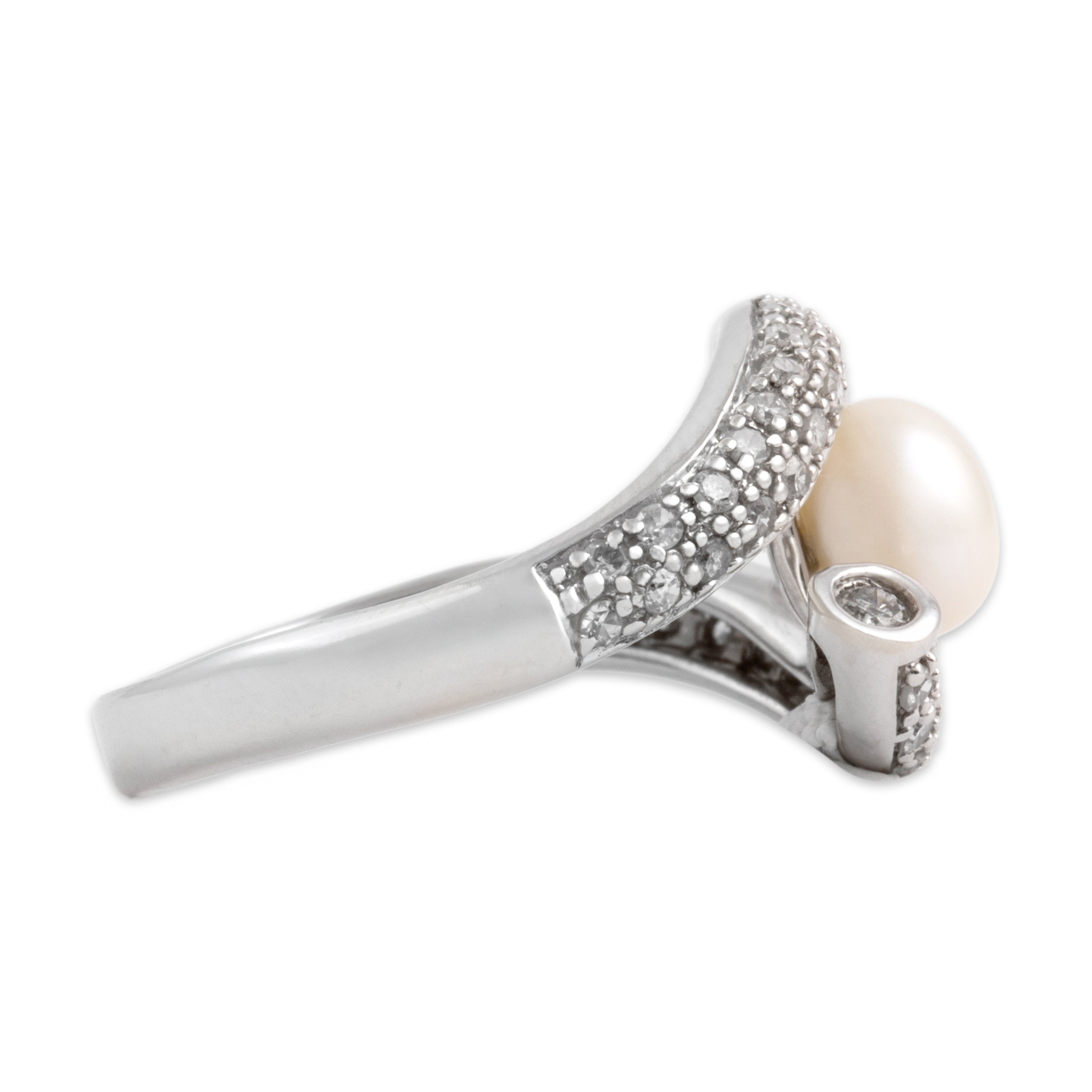 Vintage 14k White Gold Pearl Diamond Sparkling Pavã© Bypass Ring - Side view