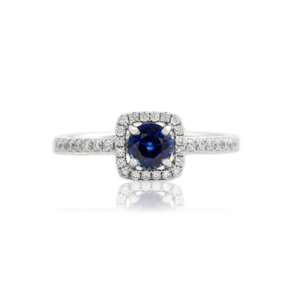 Estate 14k White Gold .55ct Blue Sapphire Diamond Sparkling Square Halo Ring 7.00
