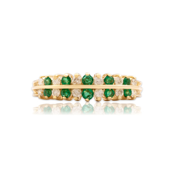 Vintage 14k Yellow Gold Emerald Diamond Alternating Evergreen Line Ring 5.50