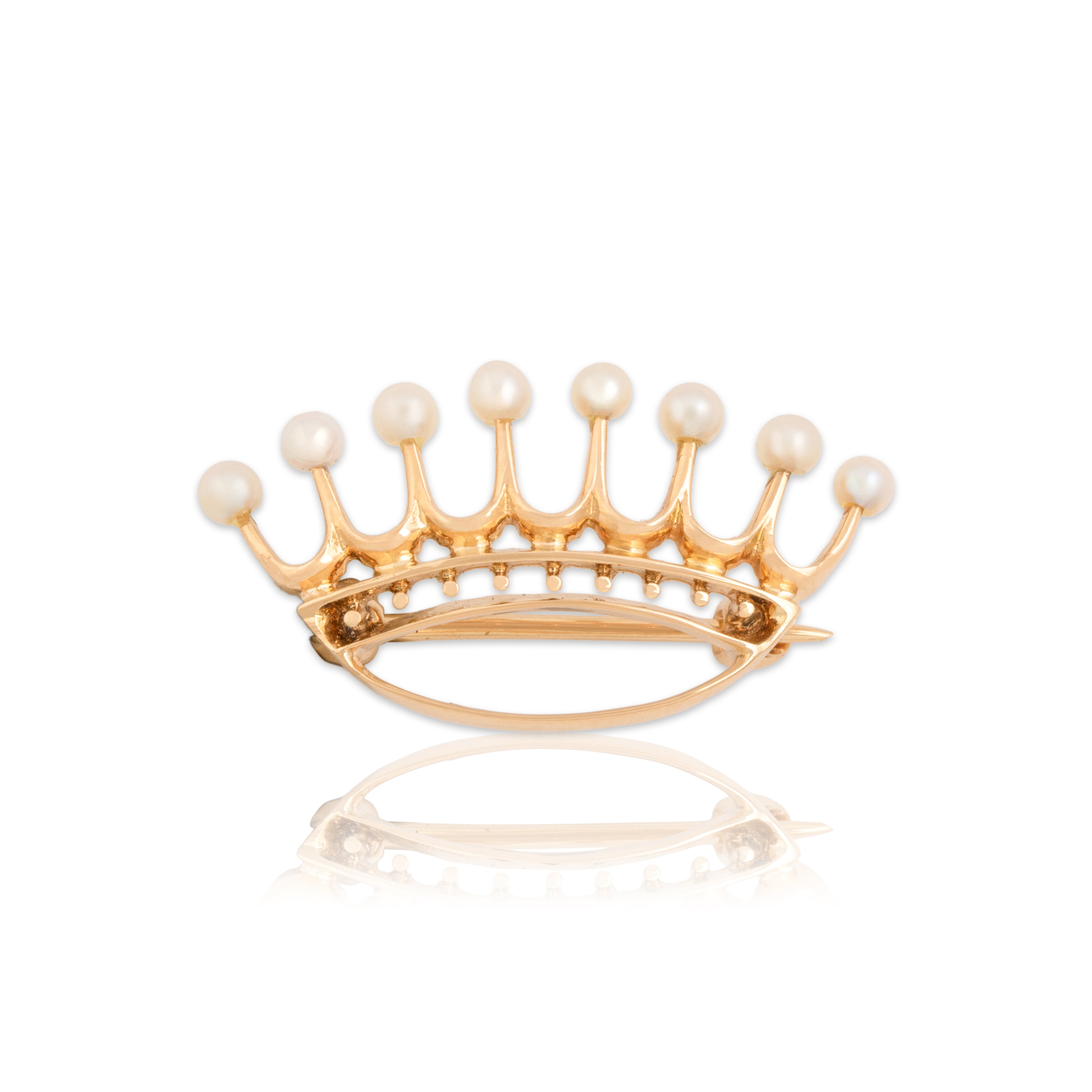 Antique Edwardian 14k Rosy Yellow Gold Pearl Regal Openwork Crown Brooch / Pin - Close-up view