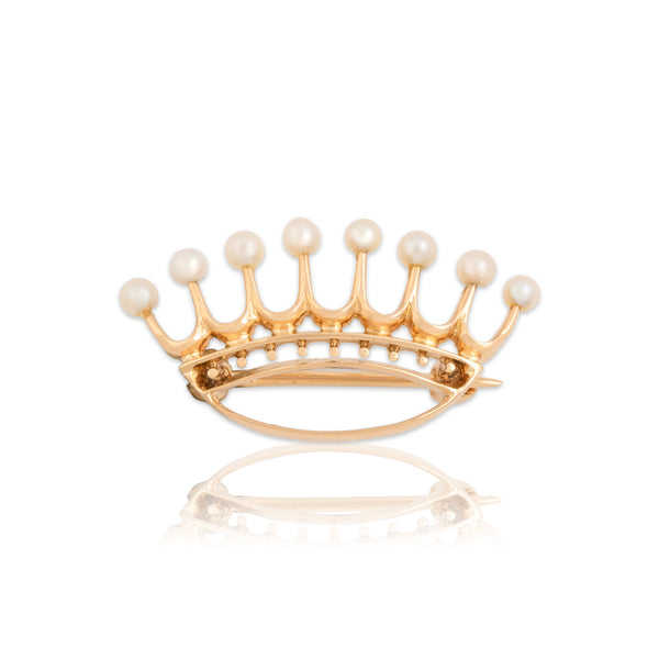 Antique Edwardian 14k Rosy Yellow Gold Pearl Regal Openwork Crown Brooch / Pin