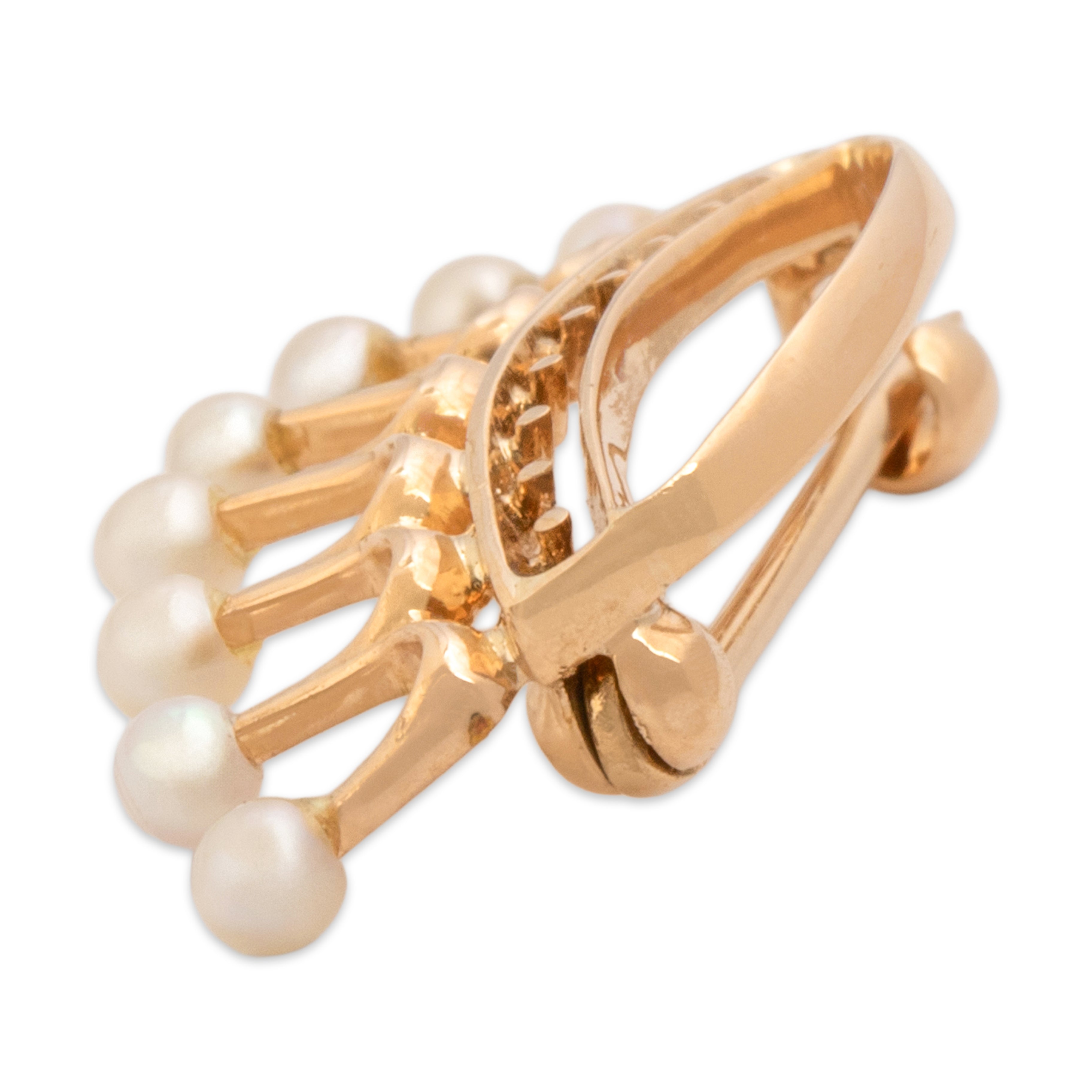 Antique Edwardian 14k Rosy Yellow Gold Pearl Regal Openwork Crown Brooch / Pin - Side view