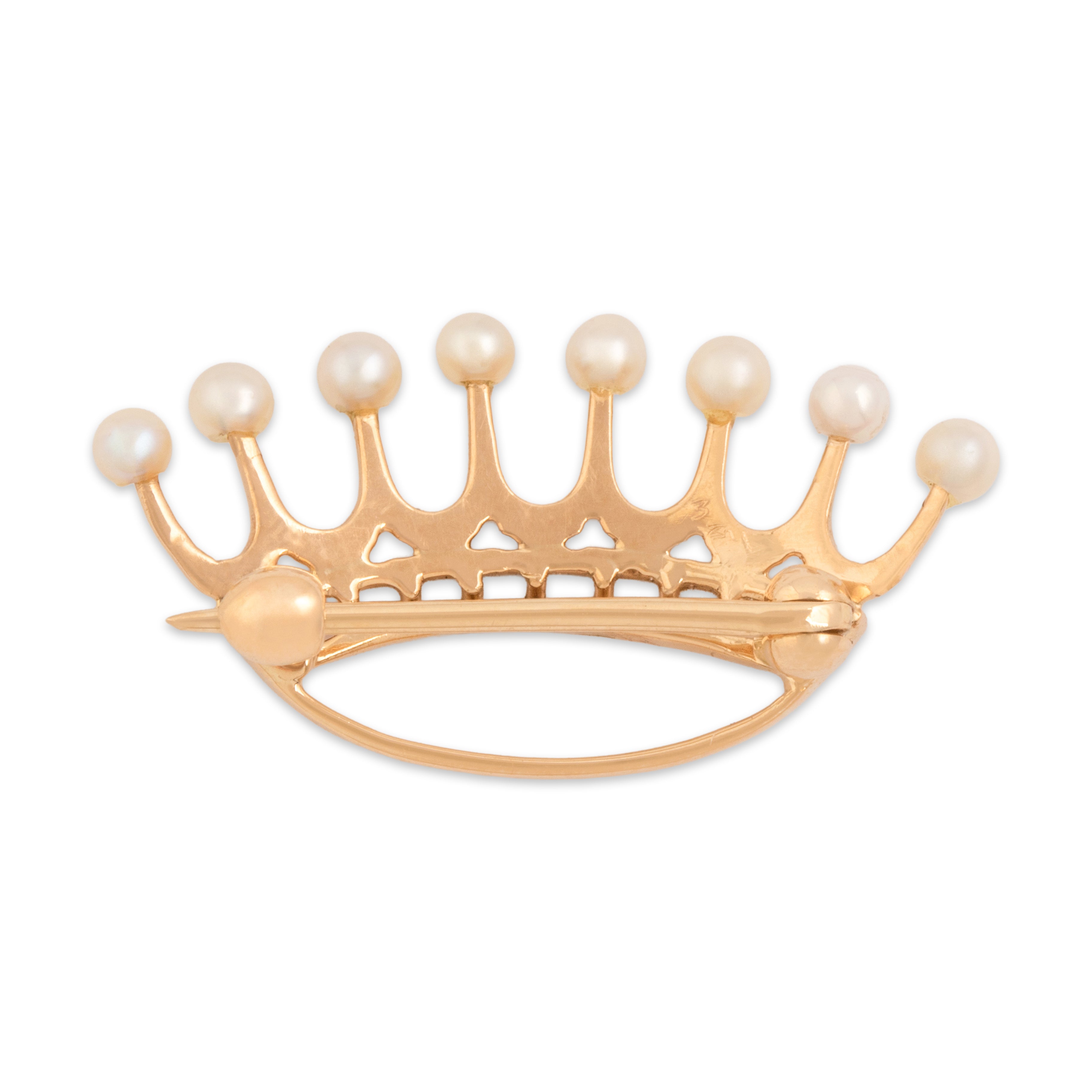 Antique Edwardian 14k Rosy Yellow Gold Pearl Regal Openwork Crown Brooch / Pin - Back view