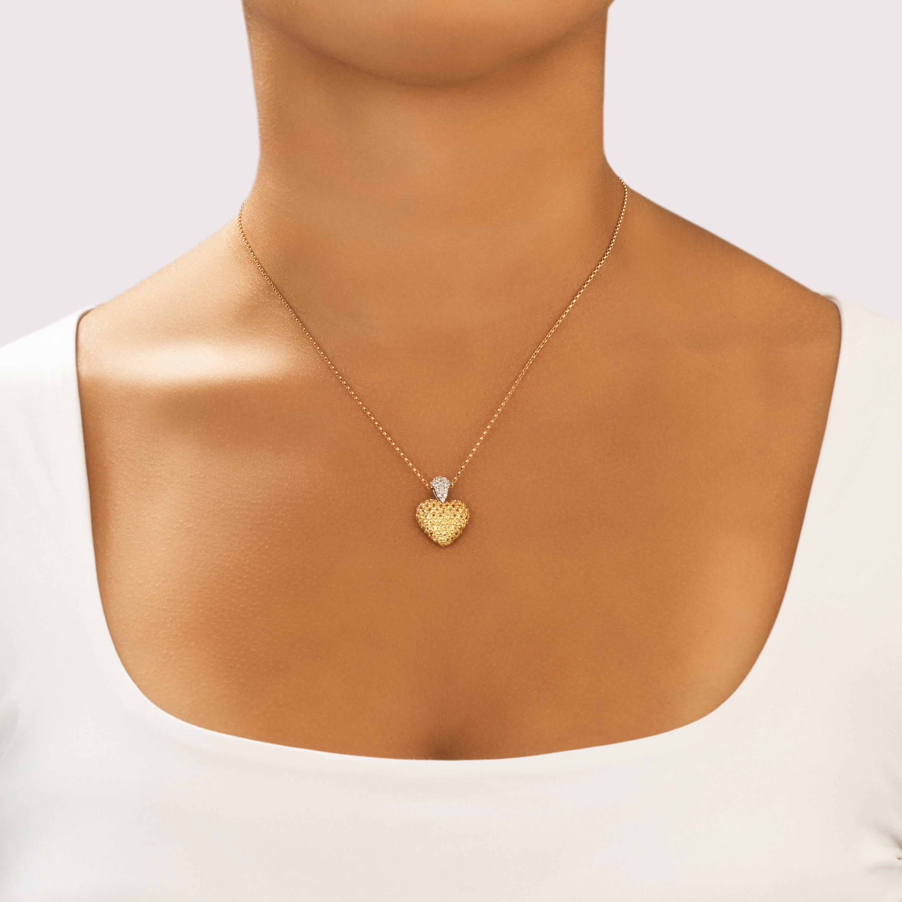Vintage 14k Yellow & White Gold 1.52cttw Yellow Sapphire Diamond Sparkling Pavã© Heart Pendant - On model view