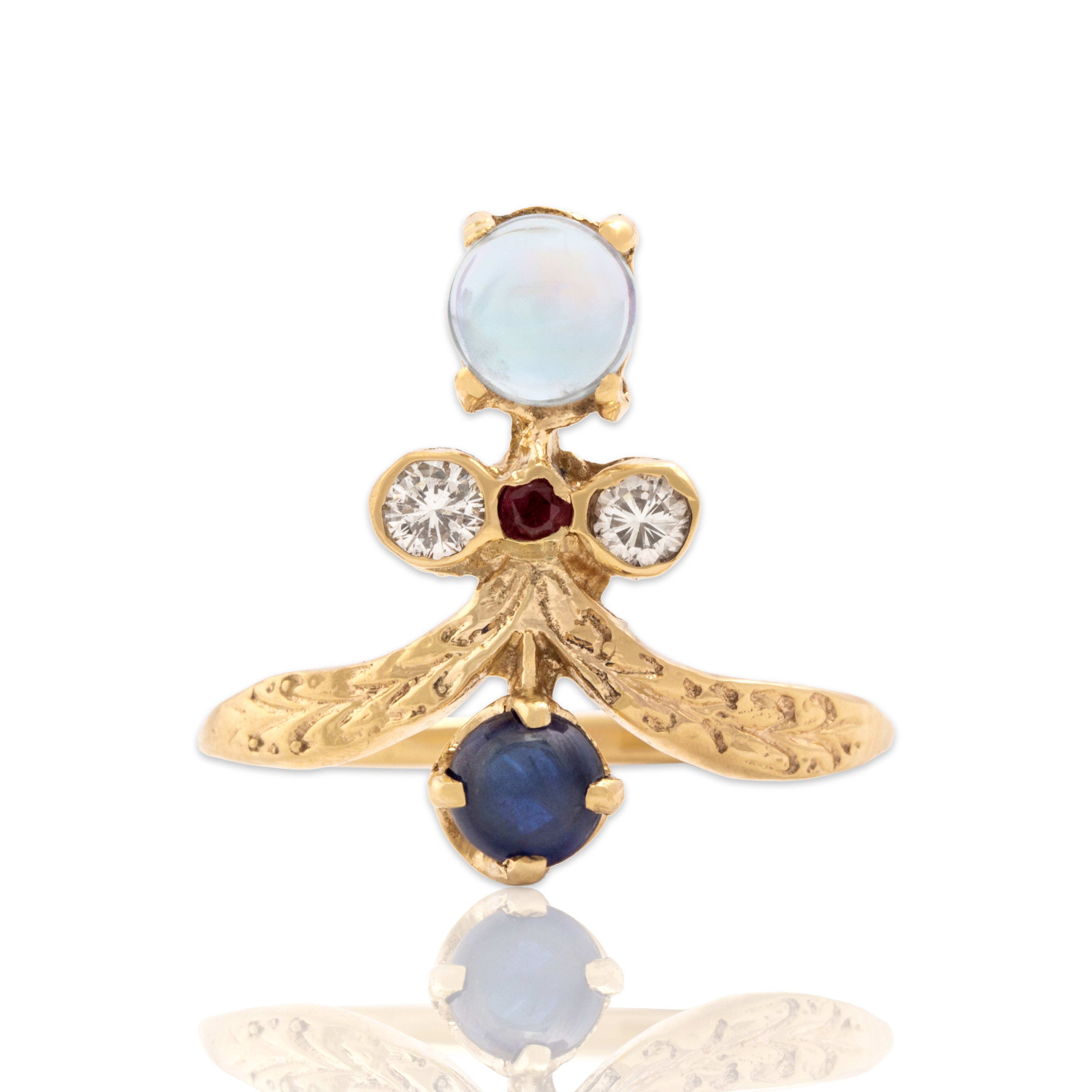 Vintage 14k Yellow Gold Moonstone Sapphire Diamond Ruby Textured Stack Ring 7.25