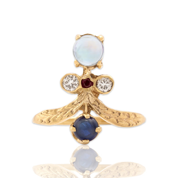 Vintage 14k Yellow Gold Moonstone Sapphire Diamond Ruby Textured Stack Ring 7.25