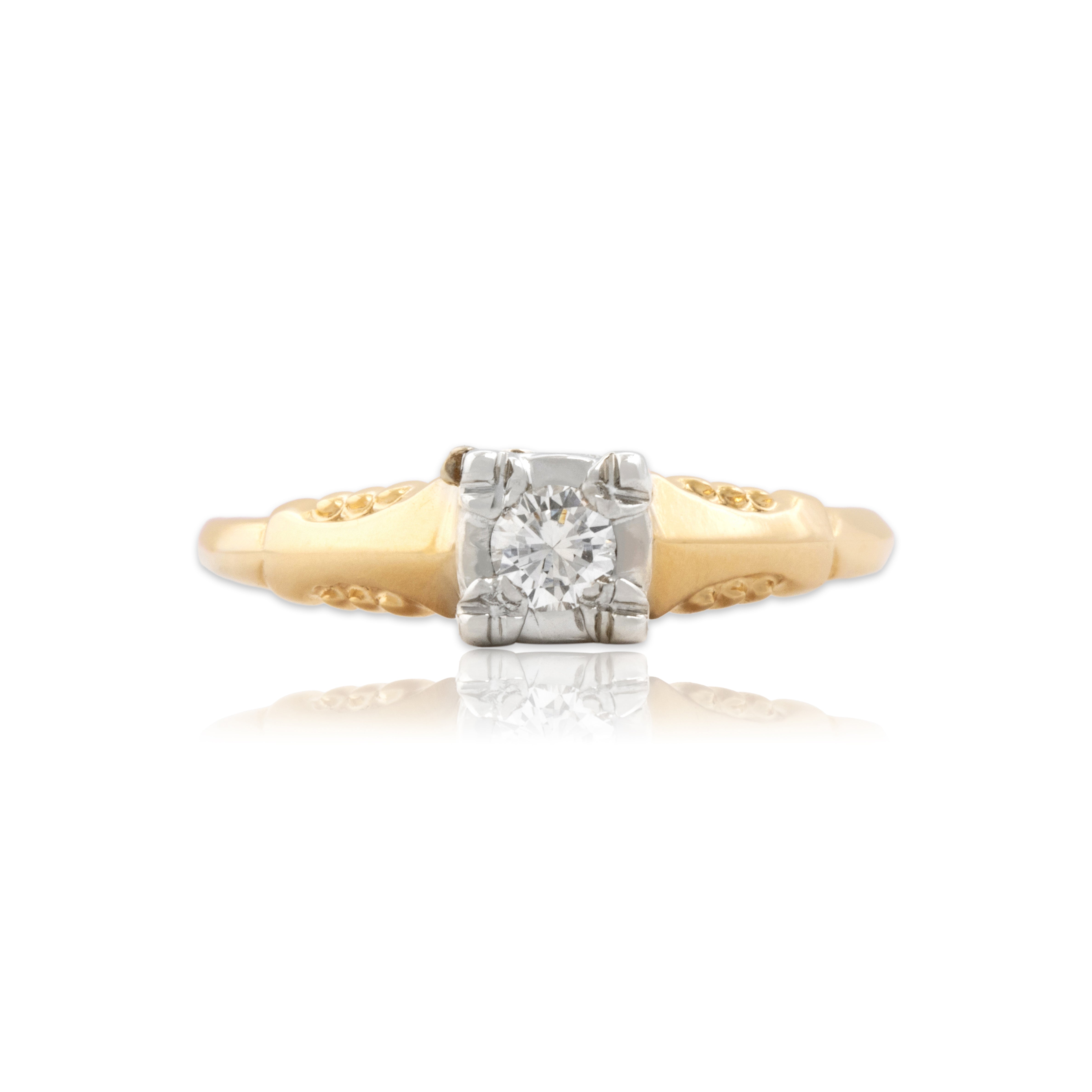 Vintage 14k Yellow Gold Diamond Dainty Square-Set Solitaire Ring - Close-up view