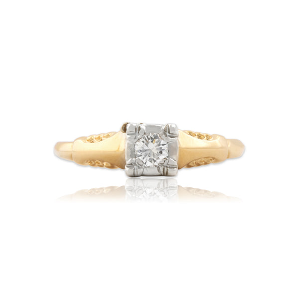 Vintage 14k Yellow Gold Diamond Dainty Square-Set Solitaire Ring 5.25