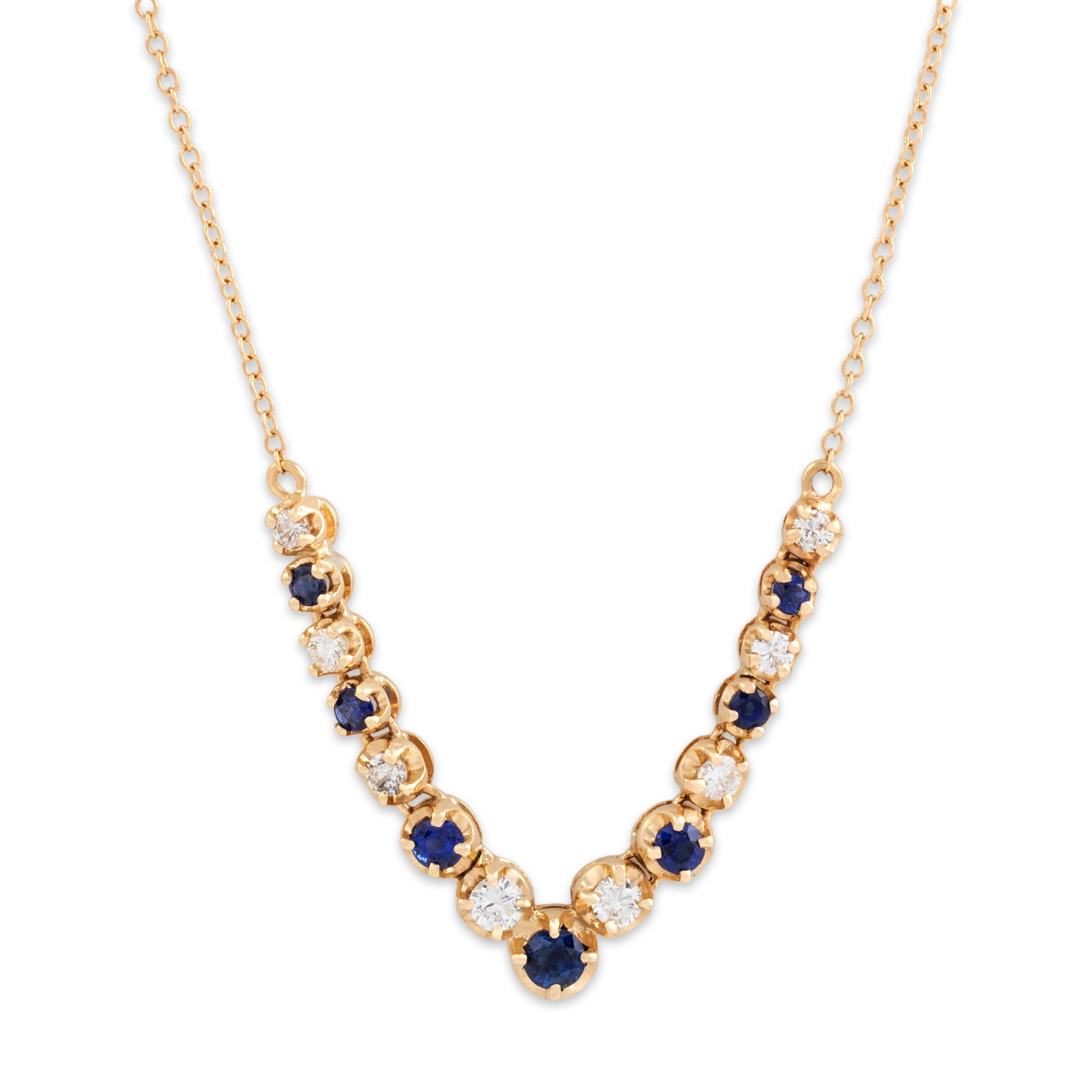Vintage 14k Yellow Gold .81cttw Blue Sapphire .6cttw Diamond Dazzling Elegant Chevron Necklace - detail view #1