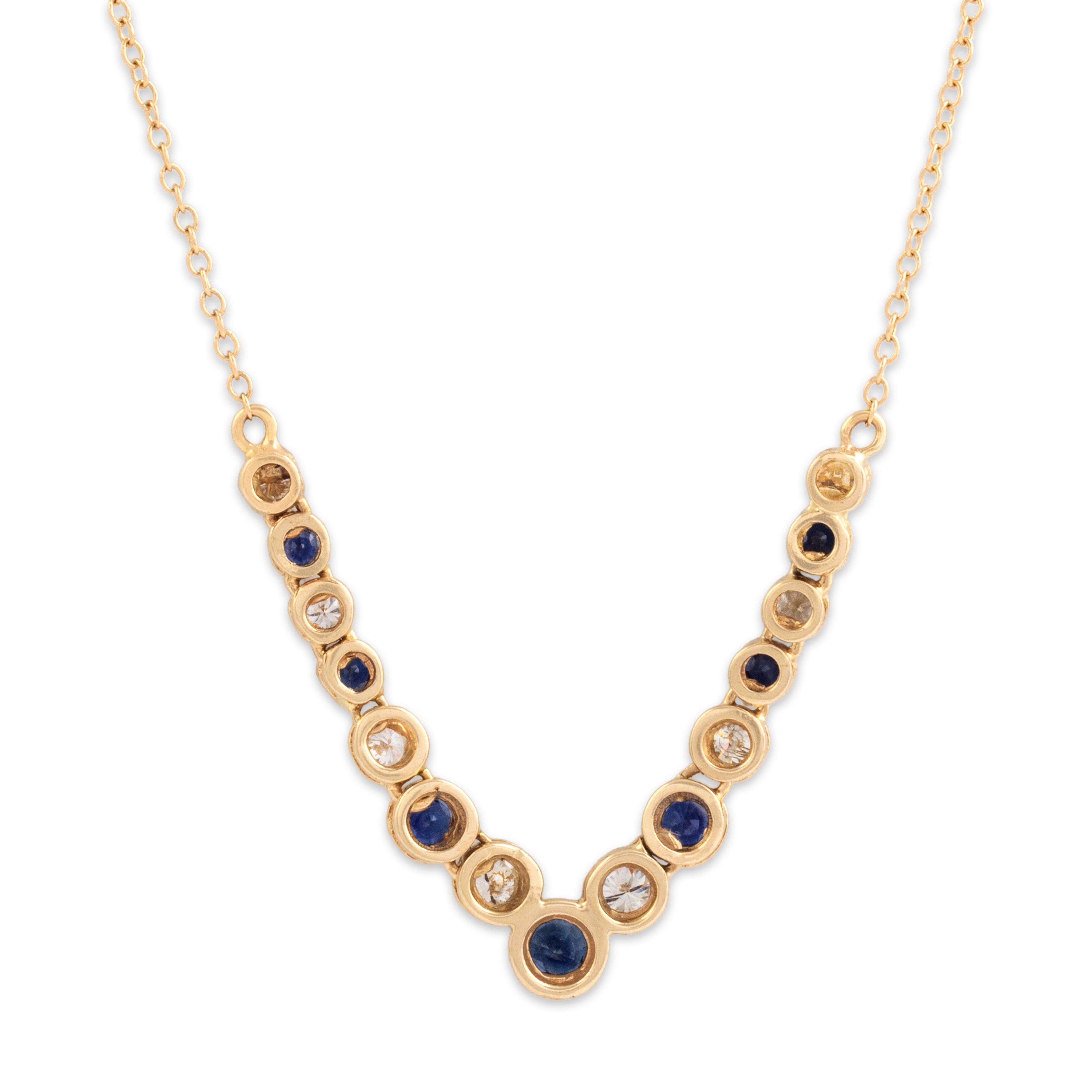 Vintage 14k Yellow Gold .81cttw Blue Sapphire .6cttw Diamond Dazzling Elegant Chevron Necklace - Back view