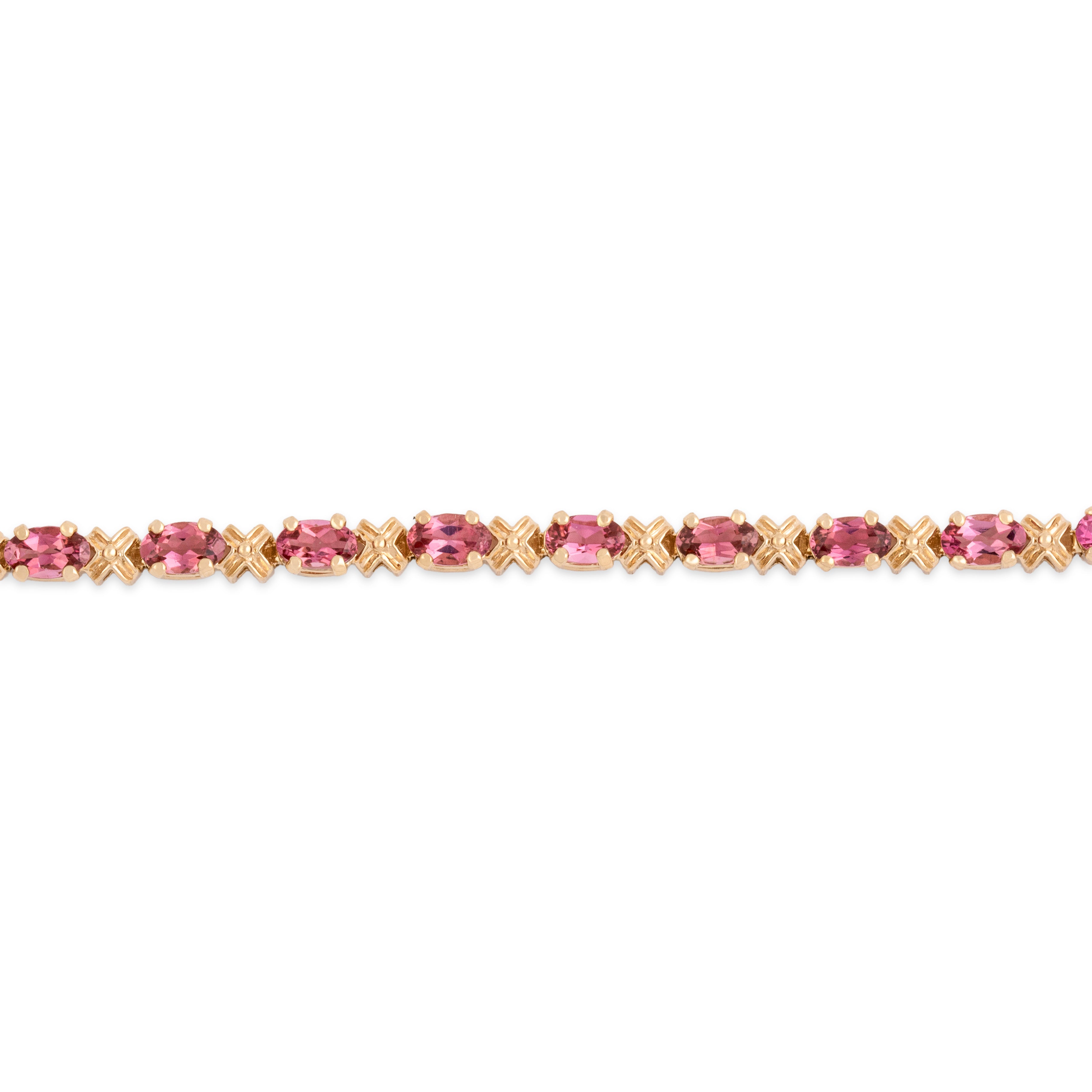 Vintage 14k Yellow Gold 3.79cttw Pink Tourmaline Chic X-Link Tennis Bracelet 7