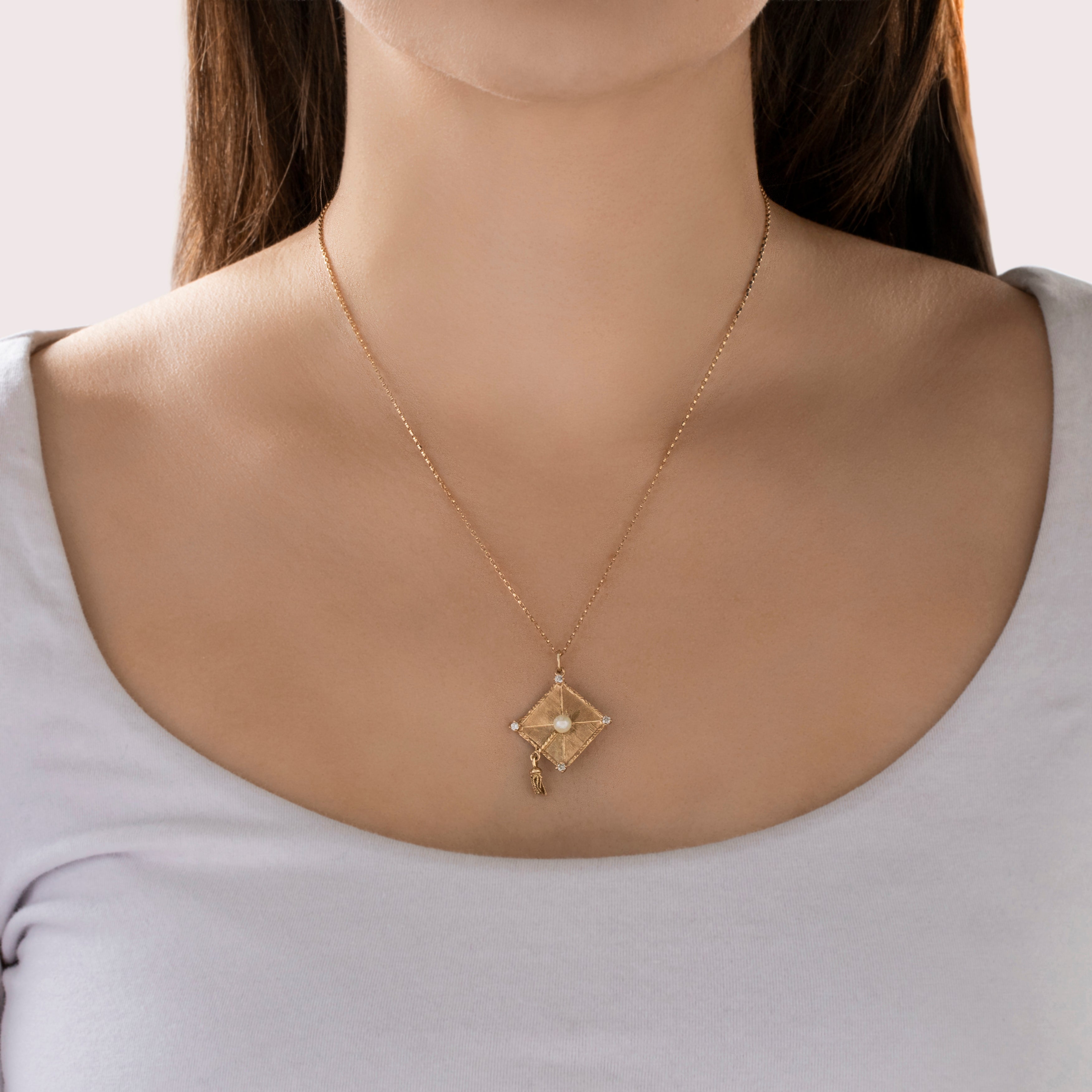 Vintage 14k Yellow Gold Diamond Graduation Cap Charm/Pendant - On model view