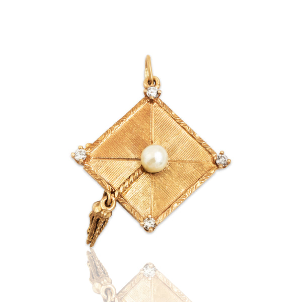 Vintage 14k Yellow Gold Diamond Pearl Graduation Cap Celebratory Charm / Pendant