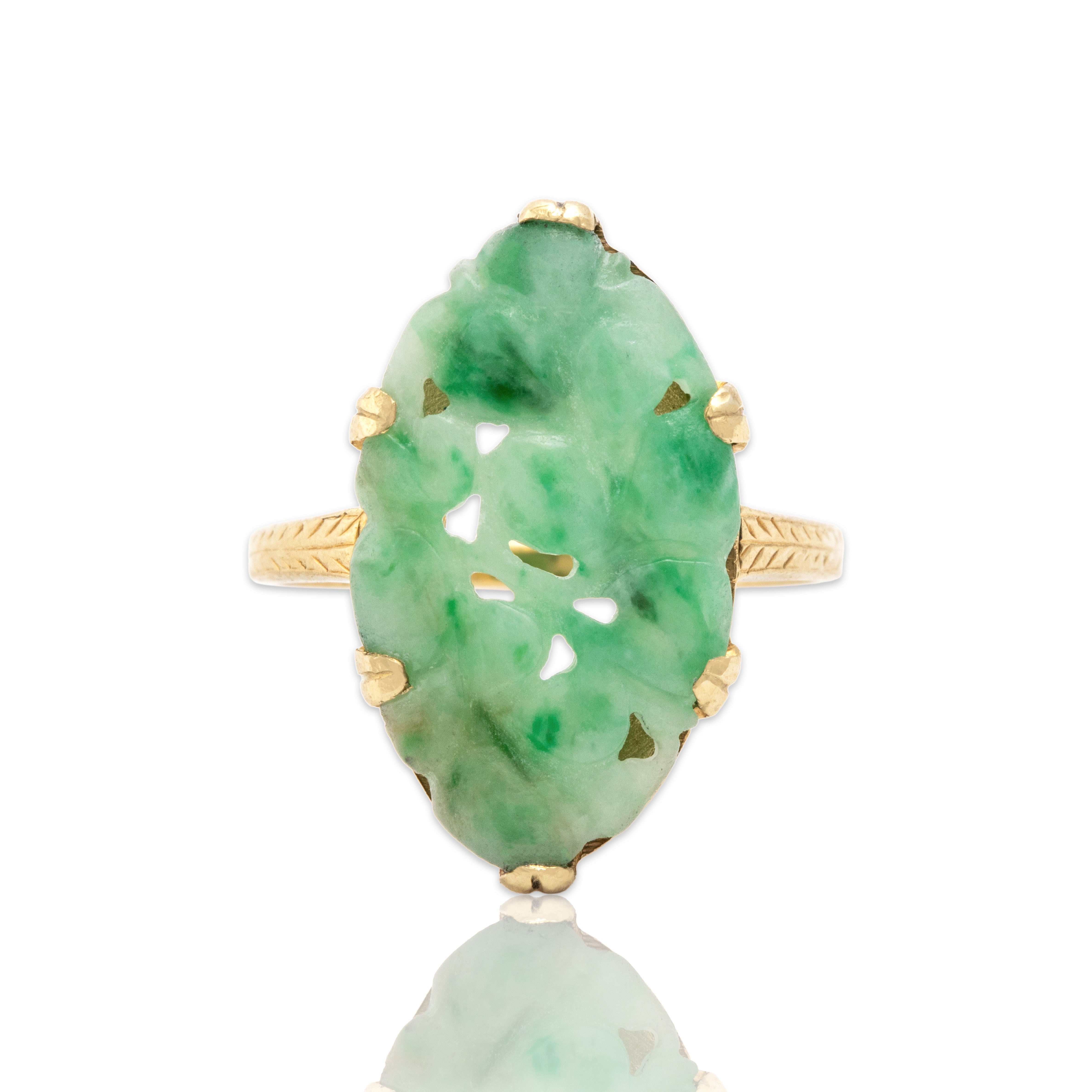 Antique 14k Yellow Gold 4.53ct Jade Carved Navette Blossom Ring 6.25