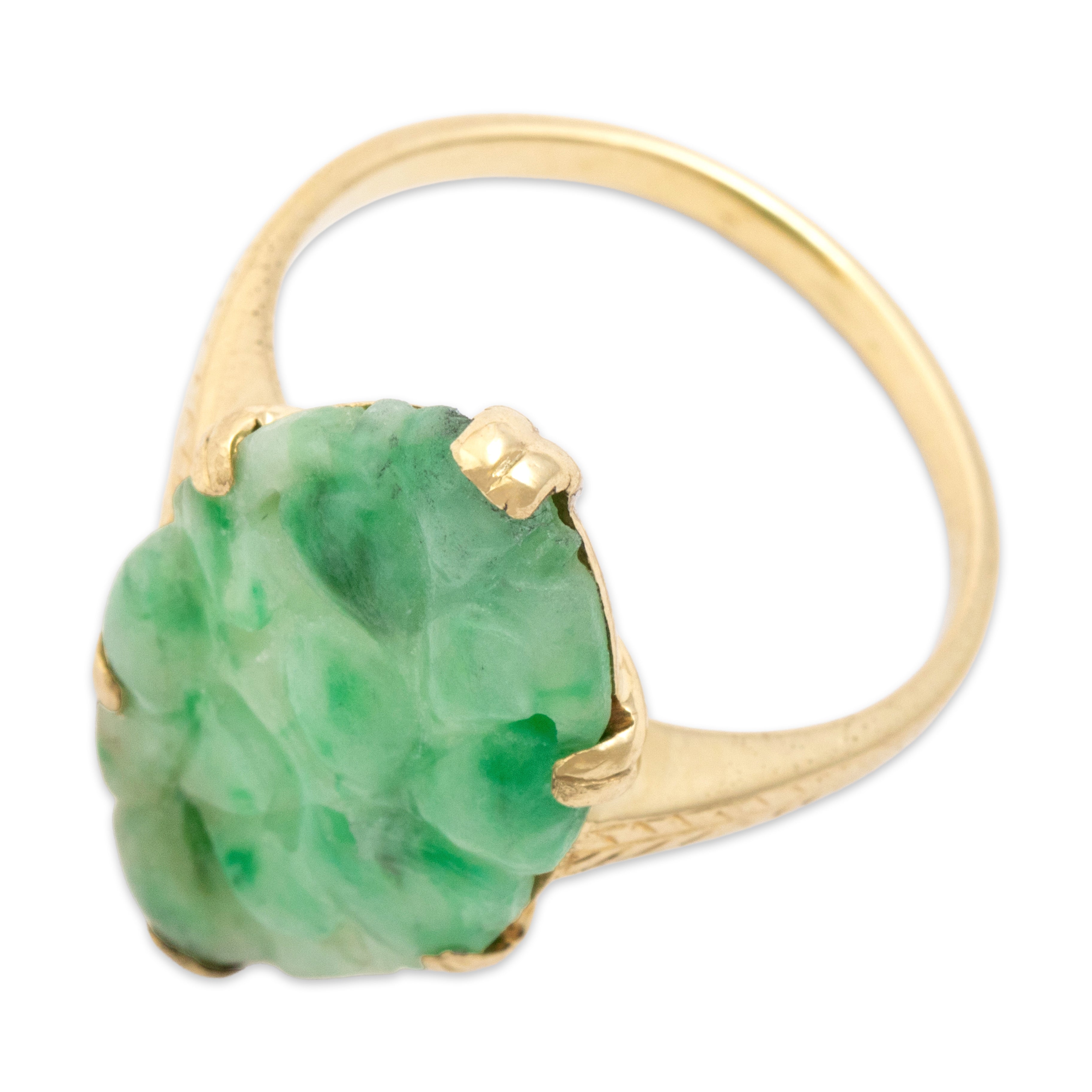 Antique 14k Yellow Gold 4.53ct Jade Carved Navette Blossom Ring 6.25